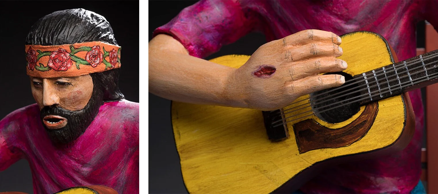   The Last Musician  (details), 2019. Carved and painted wood, 17 x 11¾ x 9½ in. Collection of Brian S. Templet. Photo © James Hart.  