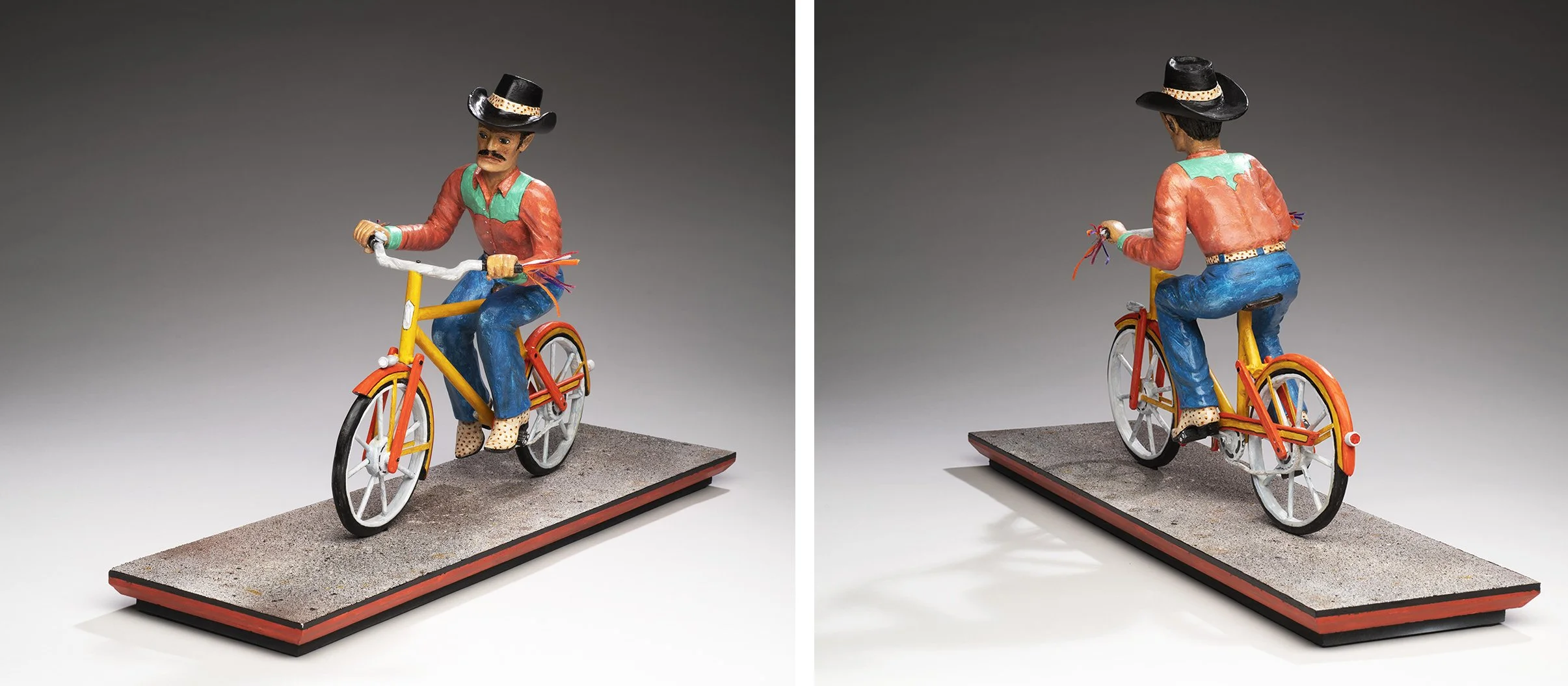   Urban Vaquero , 2024. Carved and painted wood, 24 x 6¾ x 14⅜ in. Collection of Curt, Christina and Jonah Nonomaque. Photo © James Hart.&nbsp; 