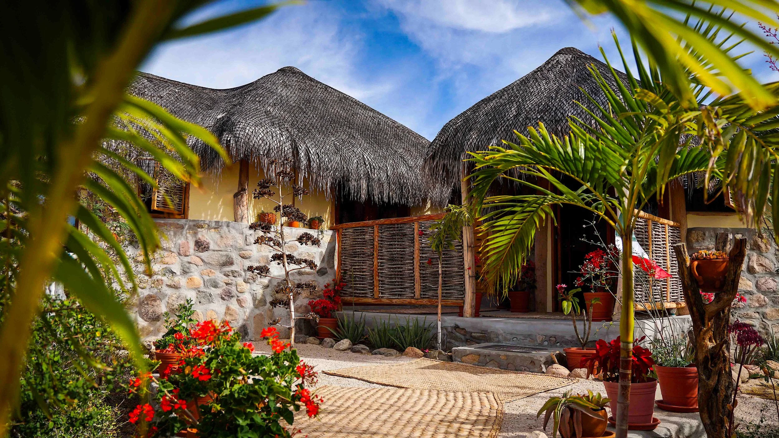A tropical cottage with stone walls and a thatched roof, surrounded by potted plants and flowers, with a sandy pathway in front.