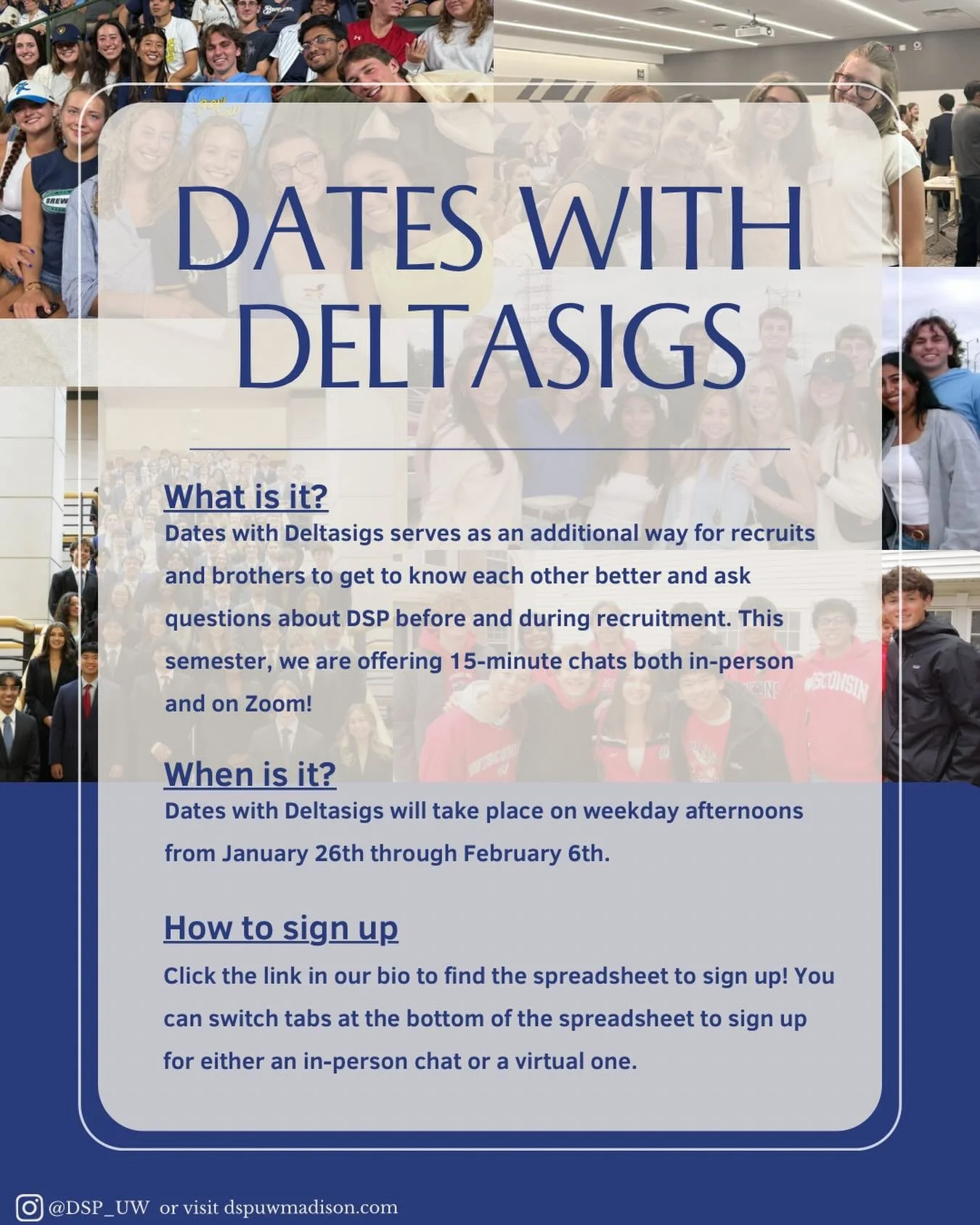 Dates with Deltasigs is here‼️

Click the link in our bio to find the spreadsheet to sign up!