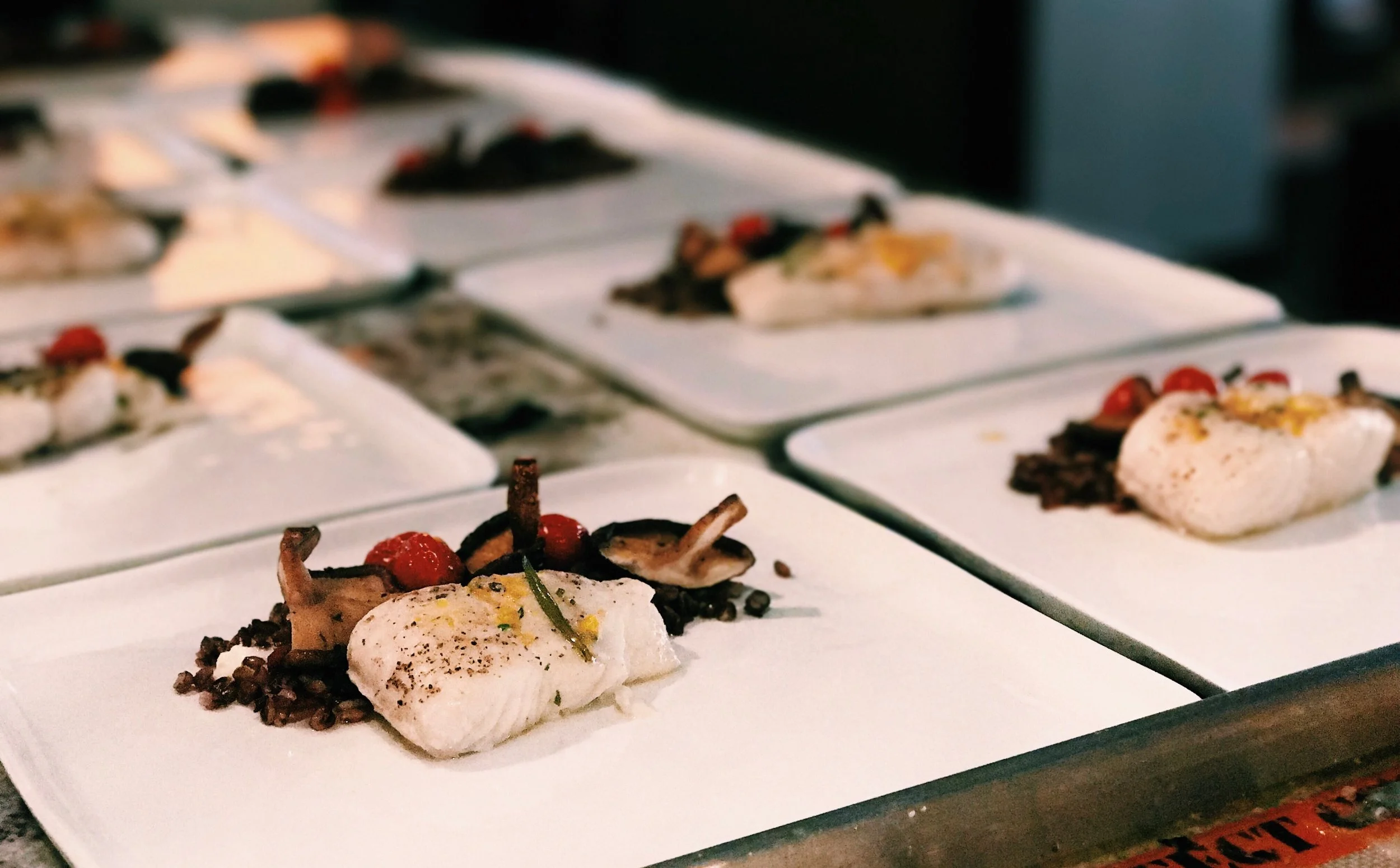 Halibut with purple barley, mascarpone, pancetta, shiitake, blistered tomatoes and brown butter