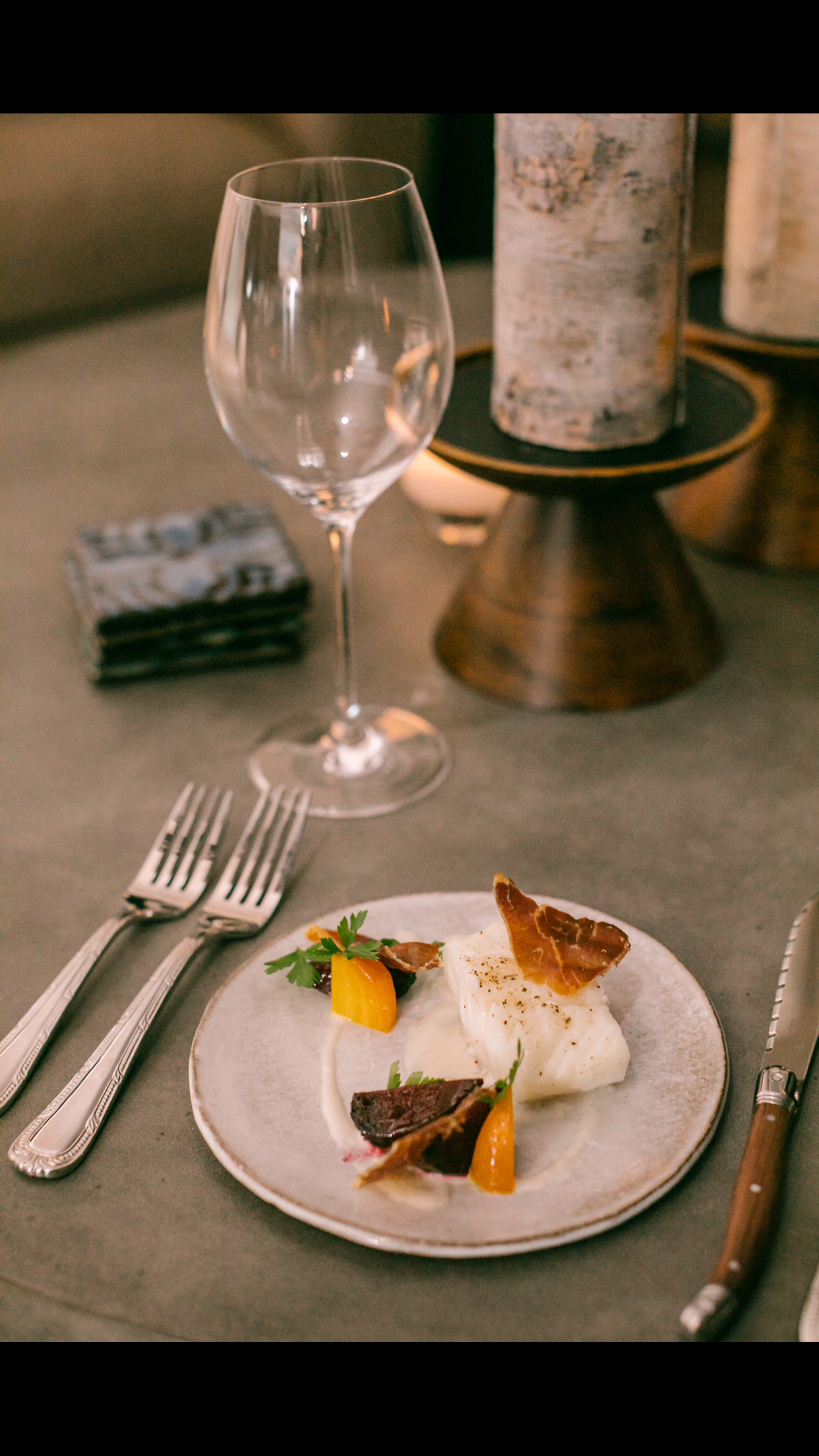 Roasted black cod, purple and yellow beets, serrano