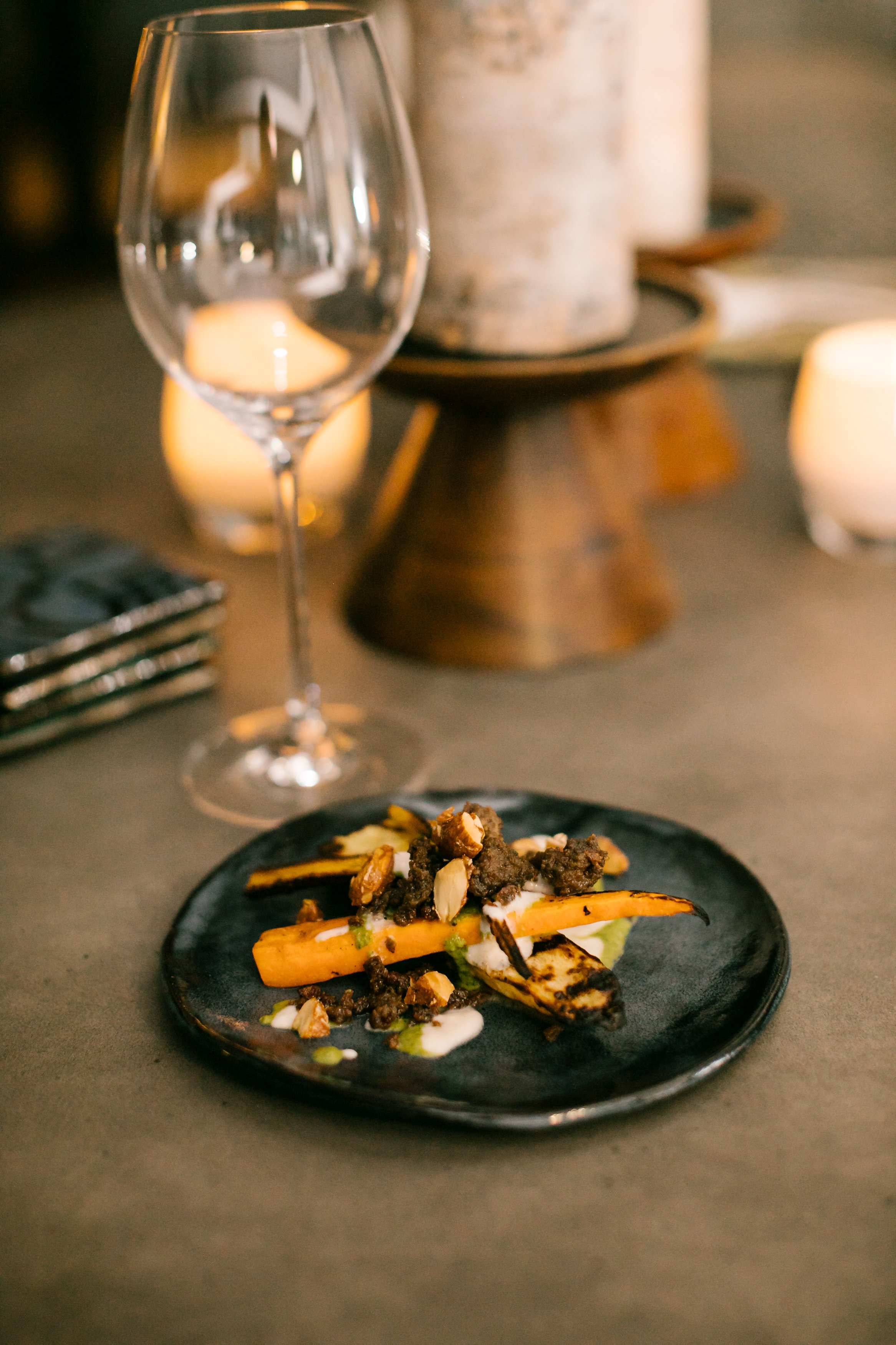 Charred carrots with ground lamb, yogurt, candied hazelnuts and chimichurri