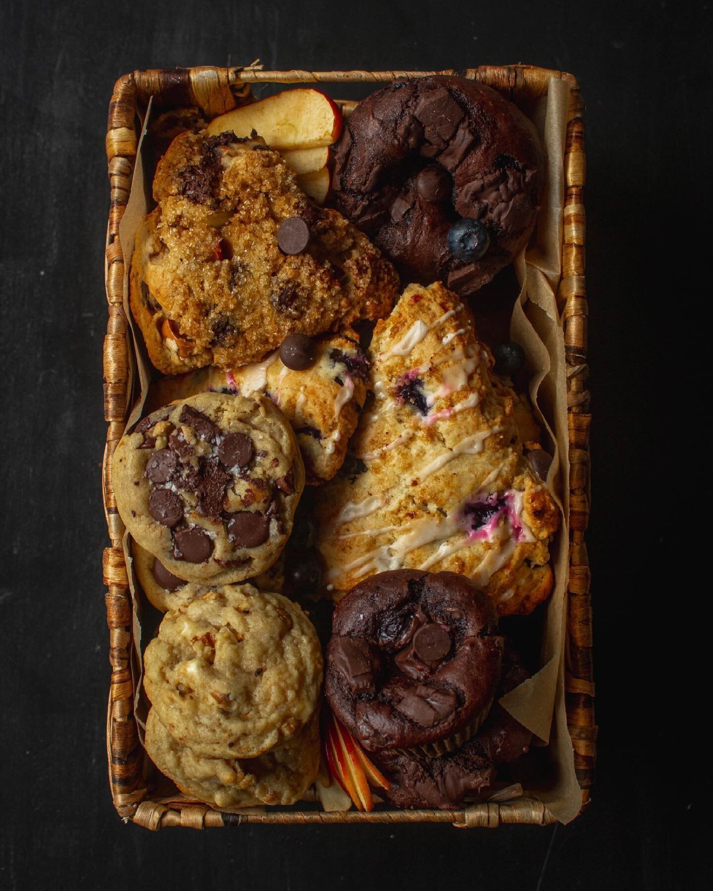 these are a few of my favorite things - ya girl has gone from a talking cake to an ✨entrepreneur✨ (for a limited time only aka probably just this once)

In this BakedbyBio Box we have: sea salt chocolate chunk cookies, white chocolate walnut cookies,