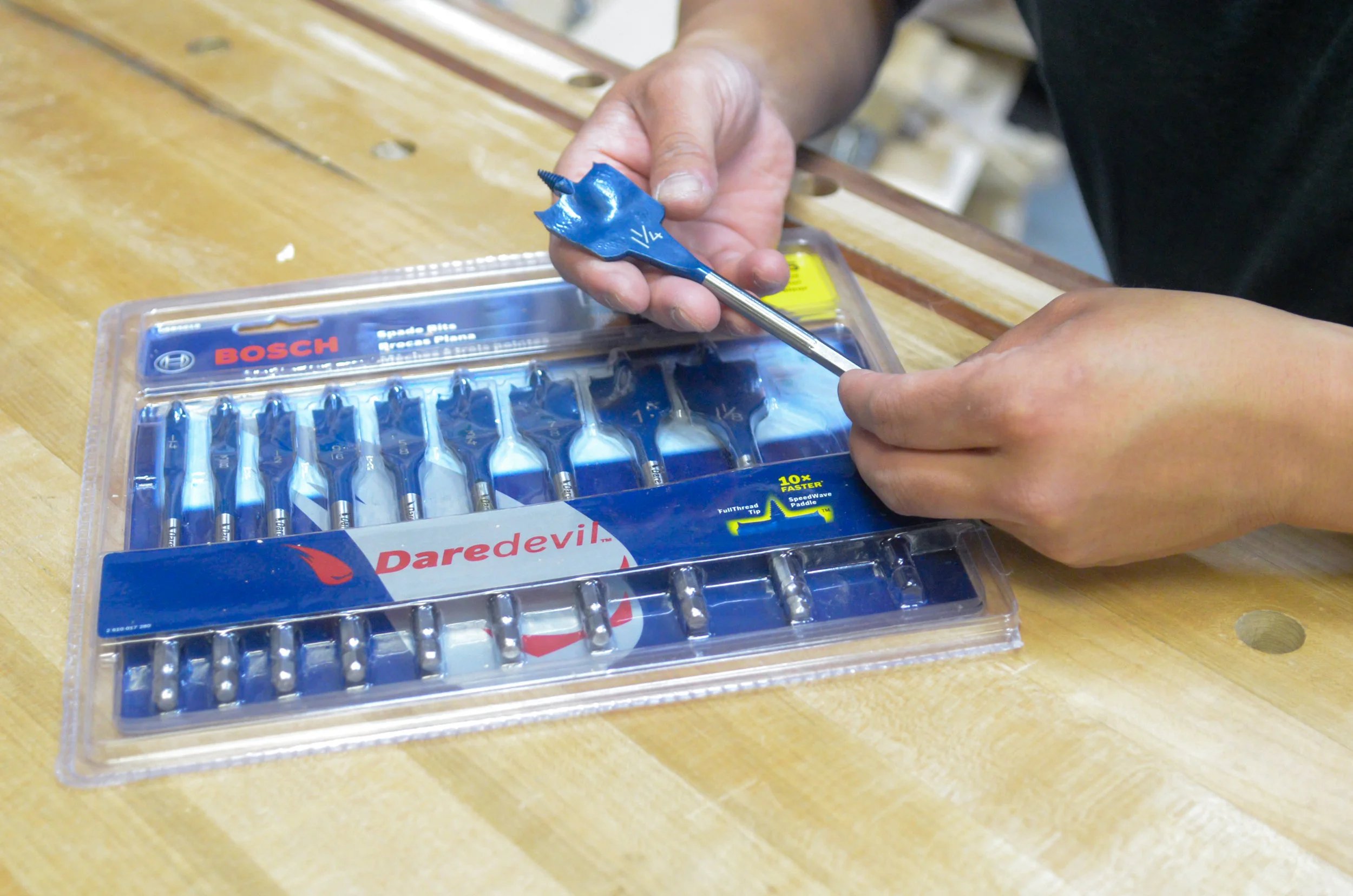 The Bosch Davedevil Standard Spade Bit Set (10-Piece) comes with bits sized 1/4” to 1-1/4” in 1/8” increments.