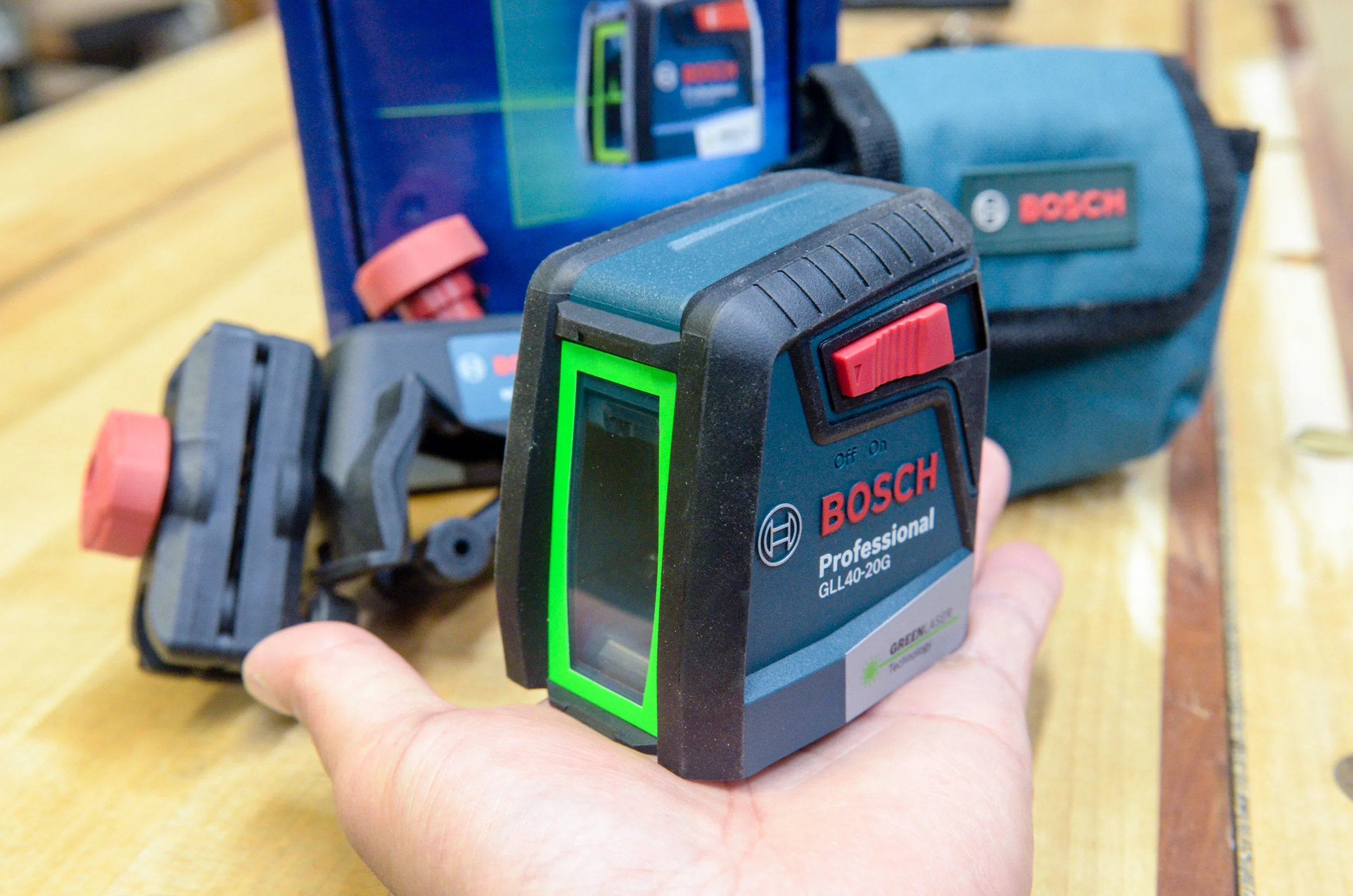 The Bosch 40-ft laser is very compact but more than adequate for hanging cabinets, installing trim, hanging windows, and mounting picture frames.