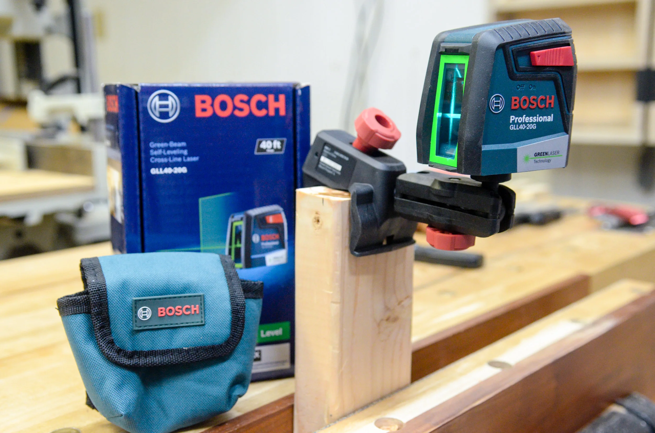 Bosch 40-ft laser level attached to the included mounting bracket.