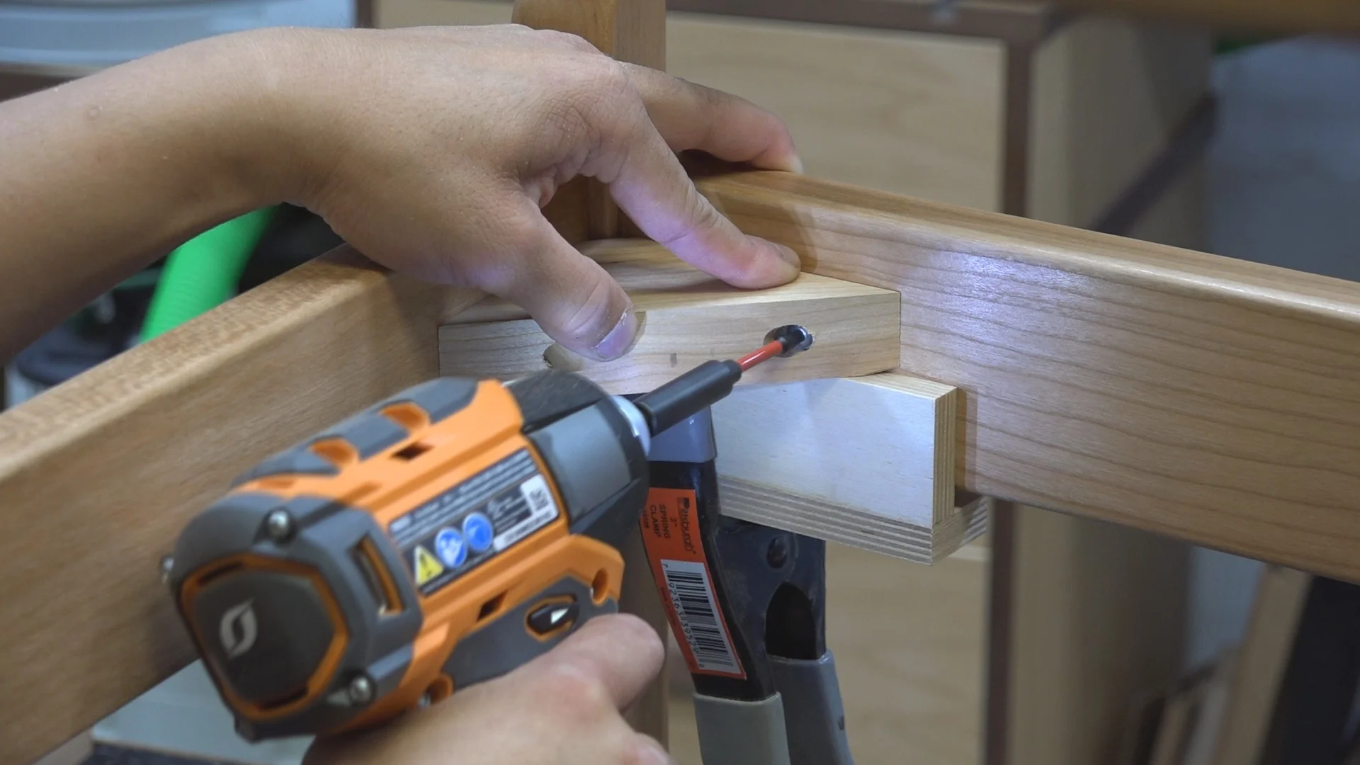 I pre-drilled and drove the screw in for the corner blocks Using the Ridgid Octane 18V Hammer Drill/Driver and 6-Mode Impact Driver.