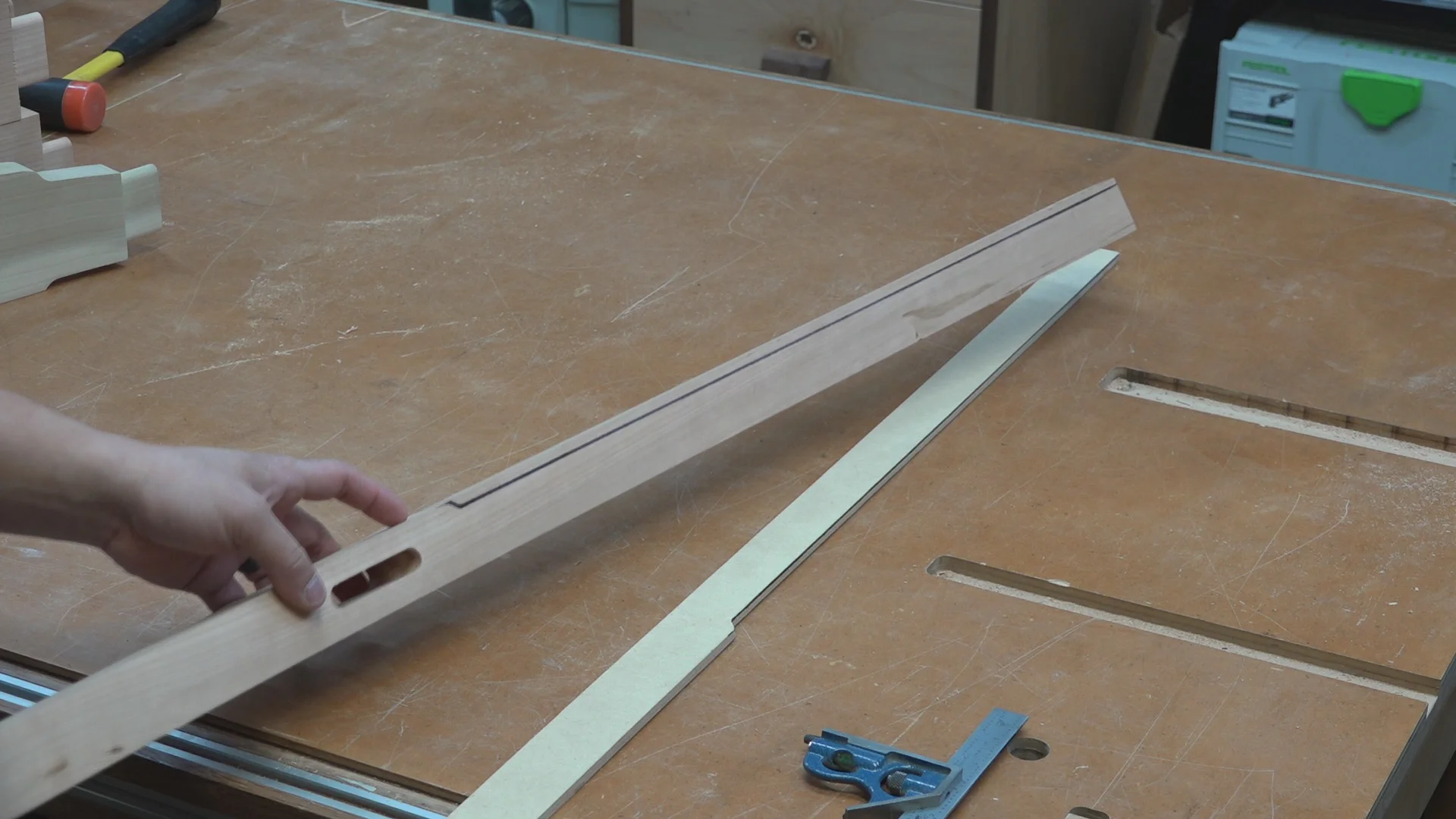 I first traced the outline of the cloud lift using a 1/4” MDF template. The 1/4” MDF is flexible making it easier to contour the template to the arc of the rear leg as I trace the outline.