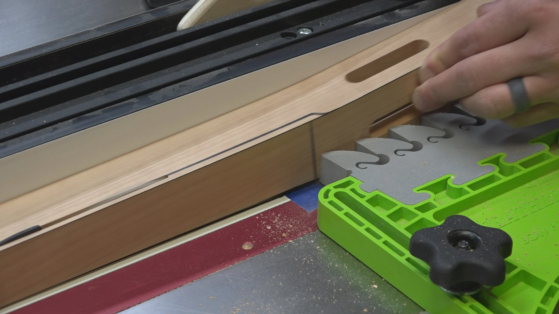 However, I had to make a “stopped cut” and avoid the blade from cutting into the curved portion of the cloud lift. I did this by placing a piece of blue painters tape just ahead of the front of the table saw blade.
