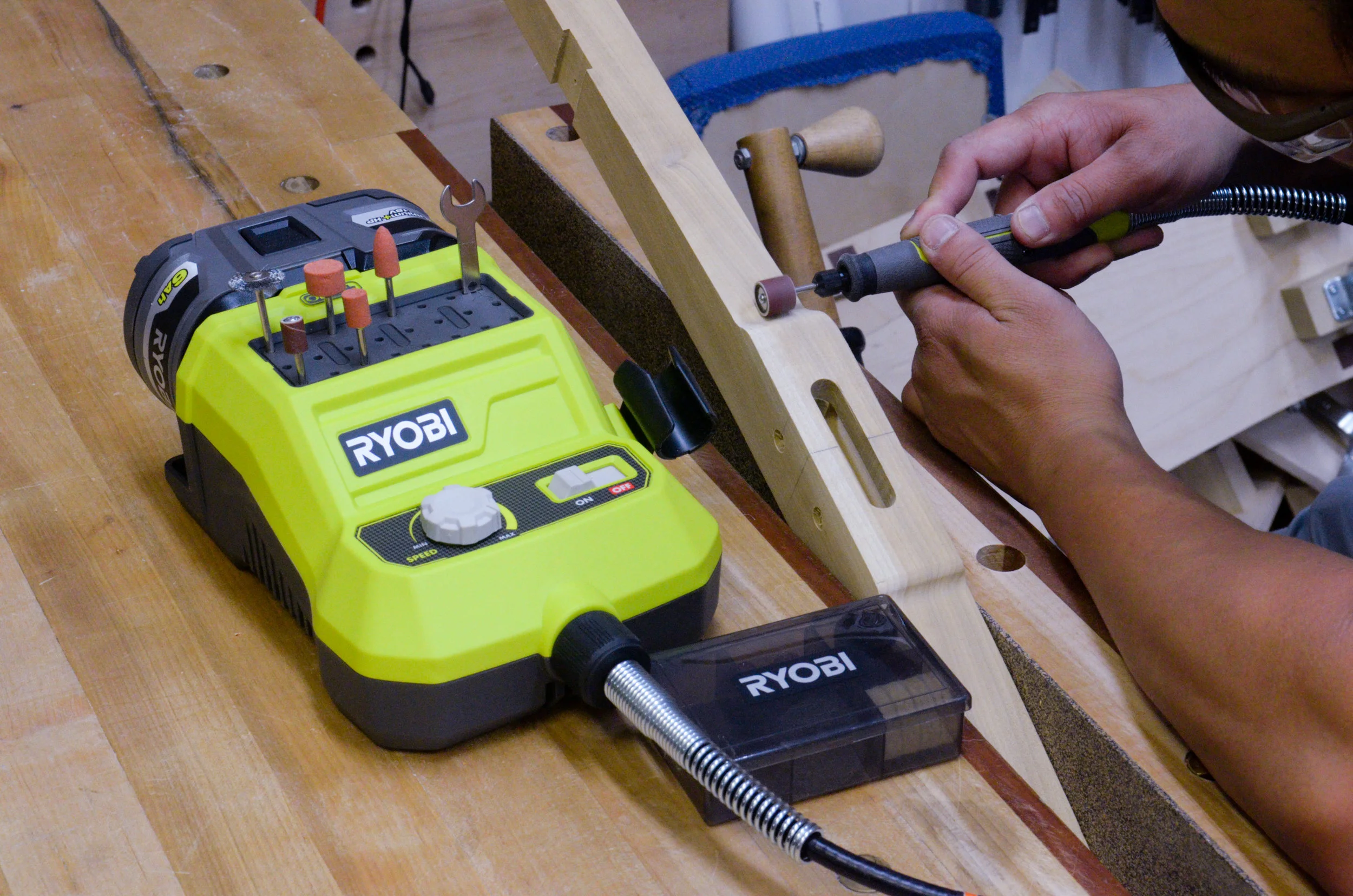 The Ryobi rotary tool would have been perfect to shape some fine detail work on the chairs.