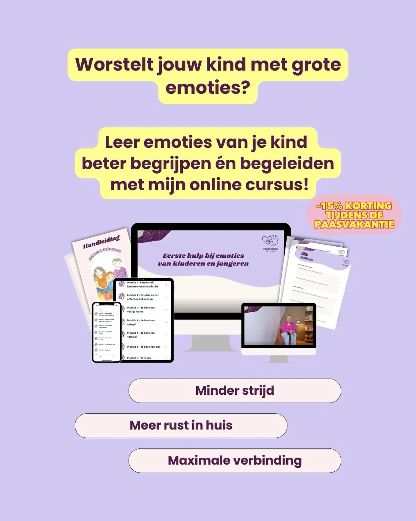 Soms kunnen emoties van kinderen z&oacute; groot voelen! En net in vakanties kunnen die extra heftig naar boven komen. In mijn online cursus leer je hoe je die emoties beter kan begrijpen en begeleiden. 

Tijdens de Paasvakantie krijg je -15% korting