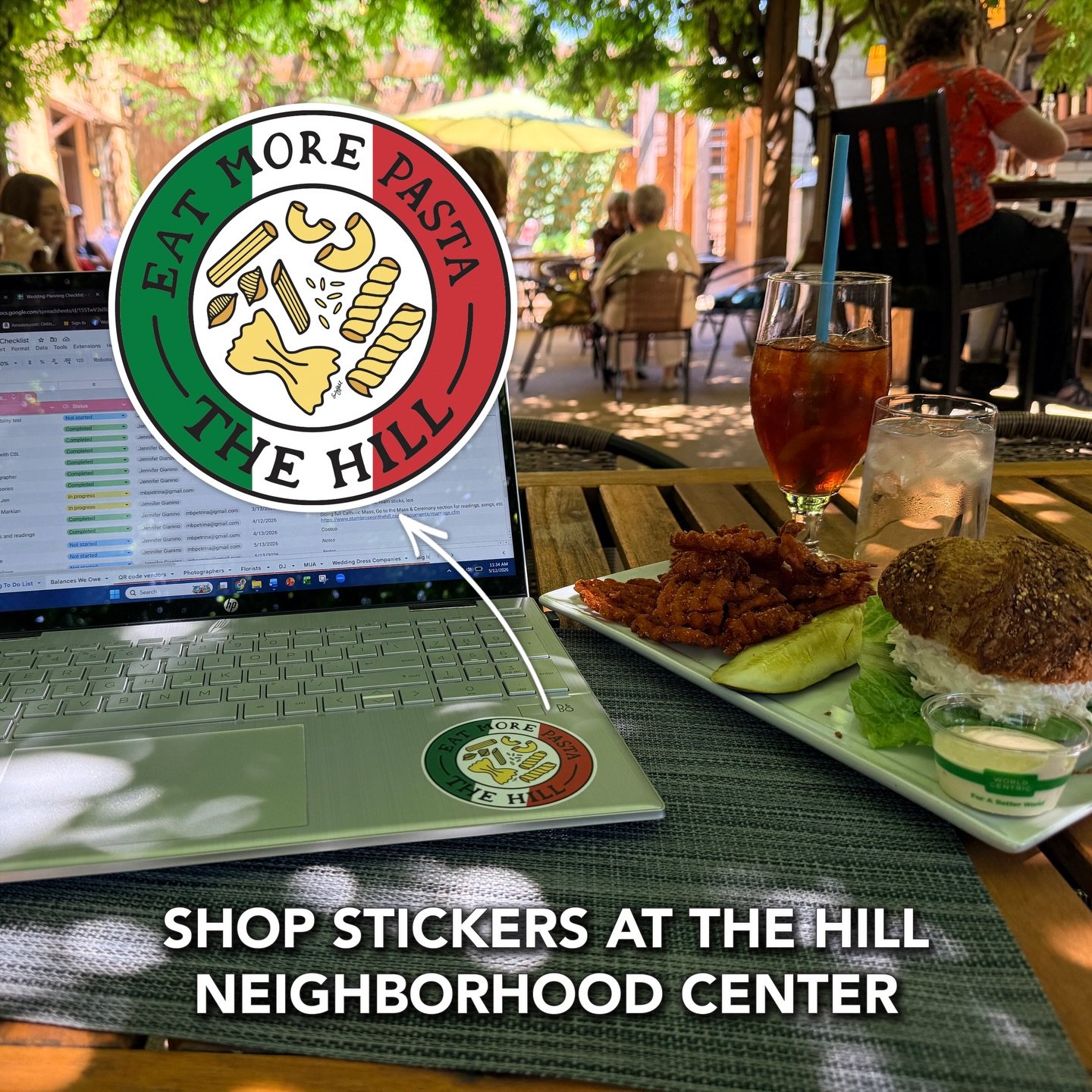 📸: @jkgstl 
&bull;
Jen was wedding planning with a great view on the Hill today. Check out the cutest sticker on her laptop! 🍝 Grab this sticker and others at the Hill Neighborhood Center @thehillstl2000

#emilystahldesignco #thehill #thehillstl #t
