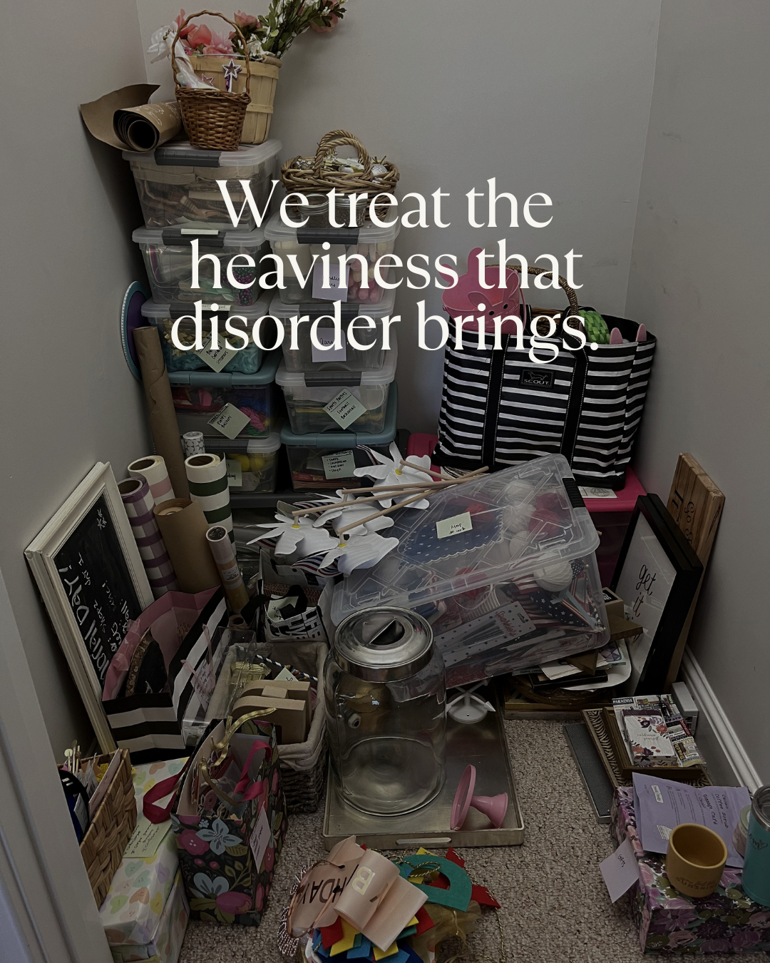 Closet with no storage and a large amount of clutter and mess on the floor: The before Photo