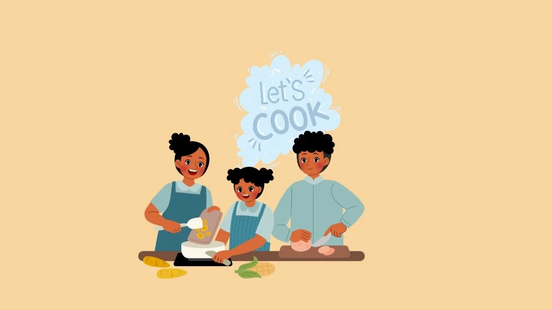 a family cooking together happily