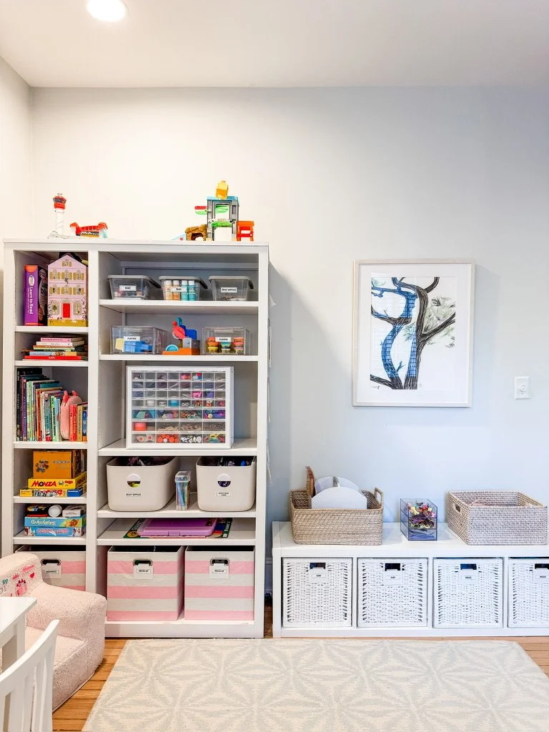 Bright, organized kid's playroom with practical storage solutions