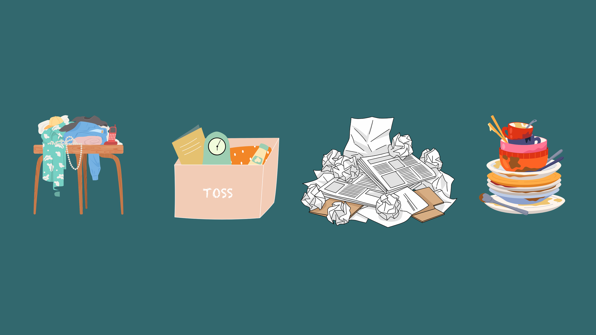 clutter on a table, trash in a bin, pile of papers, and a pile of dishes