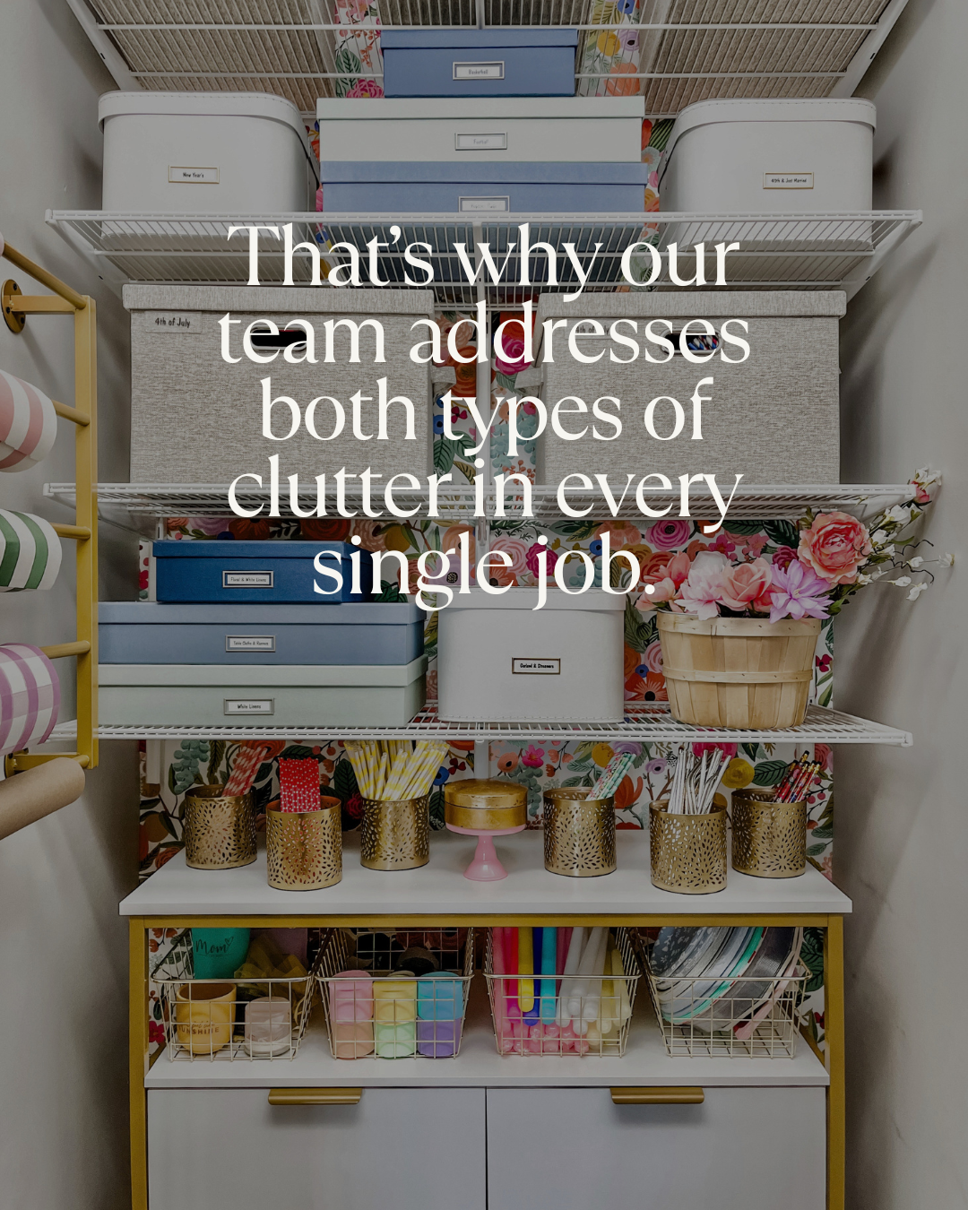 Functionally and Aesthetically organized closet with wire shelves and closed bins