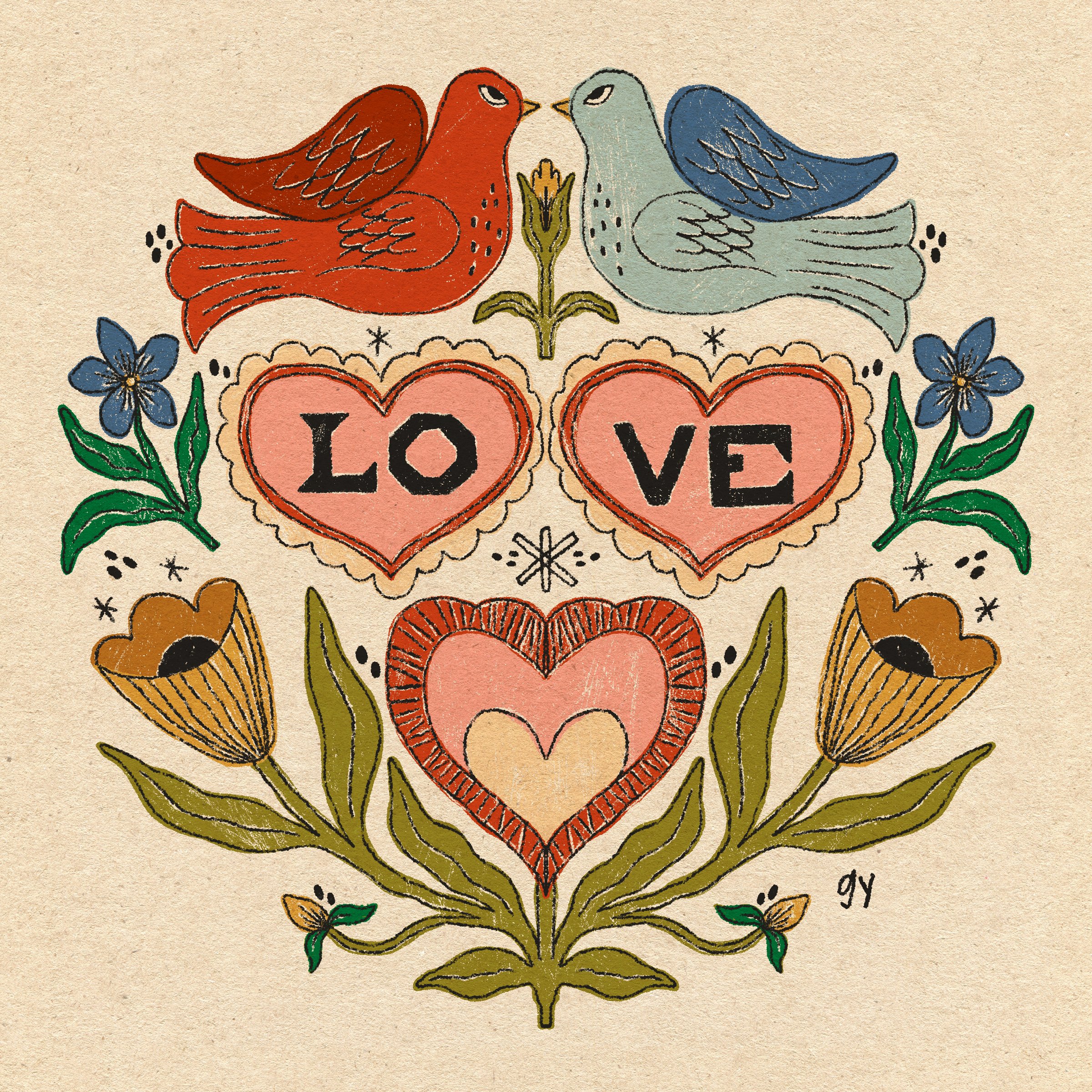 Love Fraktur Birds Print