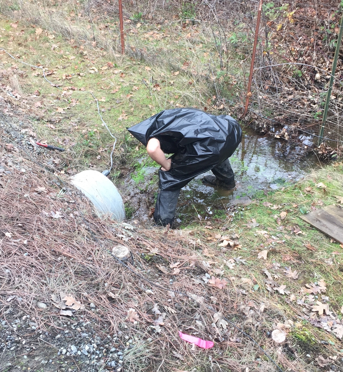 So Ryan, God bless him, volunteered to crawl into the culvert to fix a PVC pipe to the roof so we could feed a high voltage wire through it. Here is a very specific shot of his bag covered arse! He may very well be breaking wind I don't know.