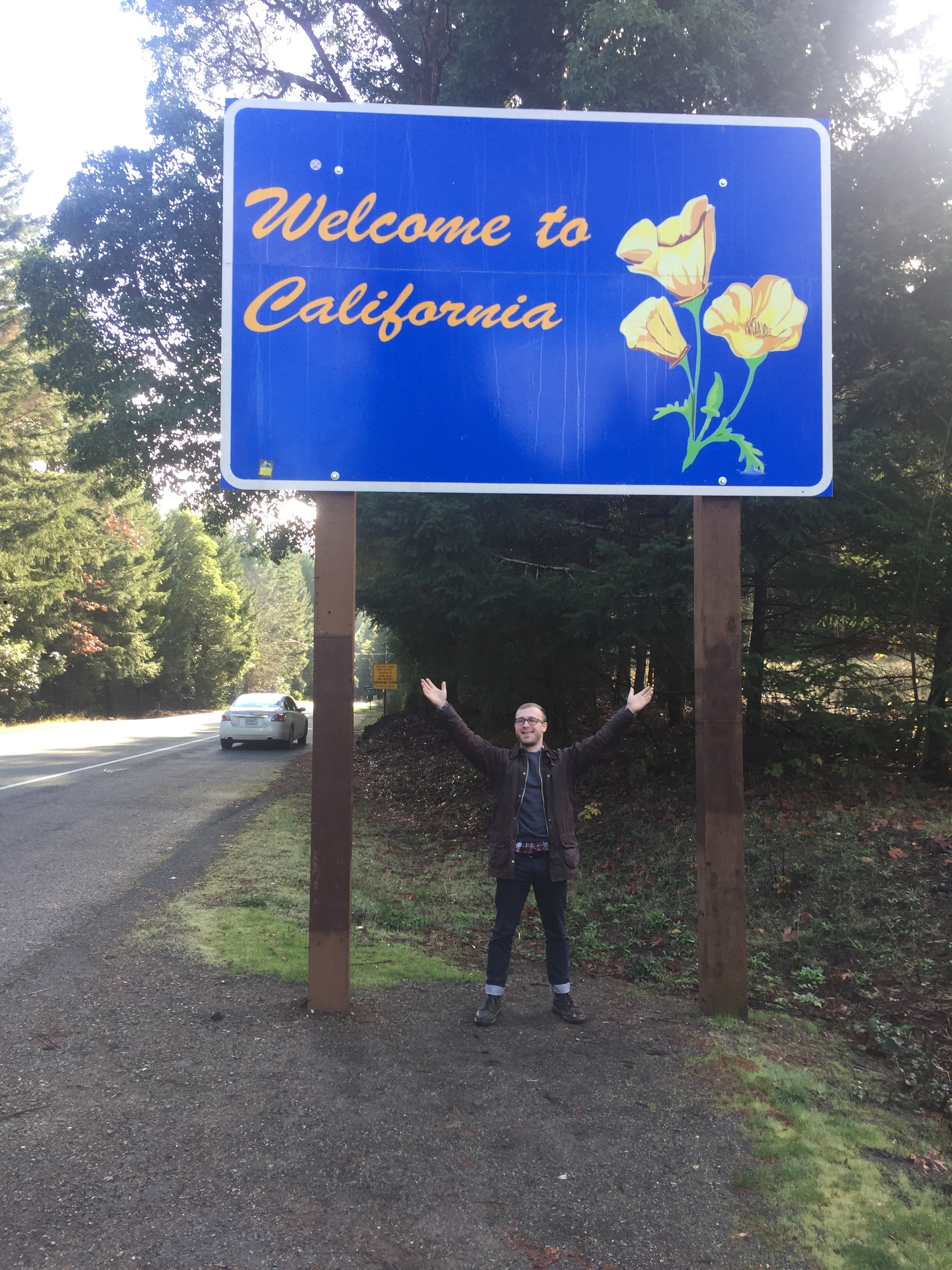 Tristan's first visit to California. We were on our way to see the Giant Redwoods. If you drive south on Rt 199 from Selma, Oregon, you will quickly be in California and Crescent City. Stay on course and you will arrive at The Trees of Mystery. Giant Redwoods at their best. There is a gondola ride which we chose not to do as it was pissing down the whole time.
