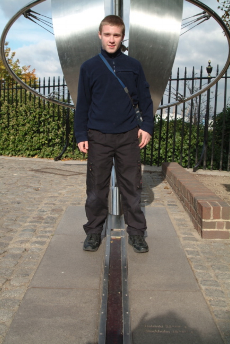 Tristan astride the Zero Degree line thus placing himself both in the East and the West.