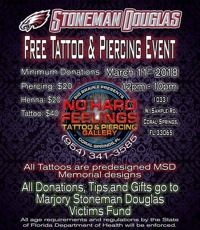 Join us on the 11th and stand MSD strong! We will be hosting an all day event offering small, pre-designed MSD memorial tattoos. We will also be offering temporary henna tattoos. 100% of the contributions will be donated to the families and victims o
