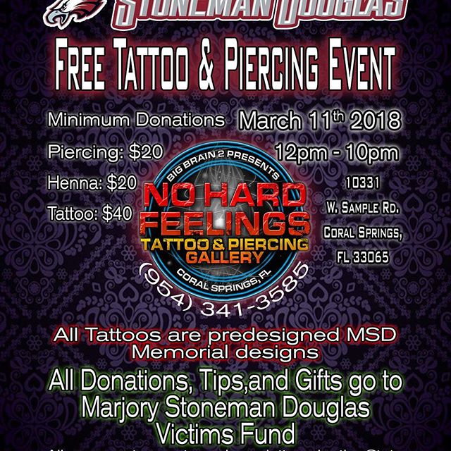 Join us on the 11th and stand MSD strong! We will be hosting an all day event offering small, pre-designed MSD memorial tattoos. We will also be offering temporary henna tattoos. 100% of the contributions will be donated to the families and victims o