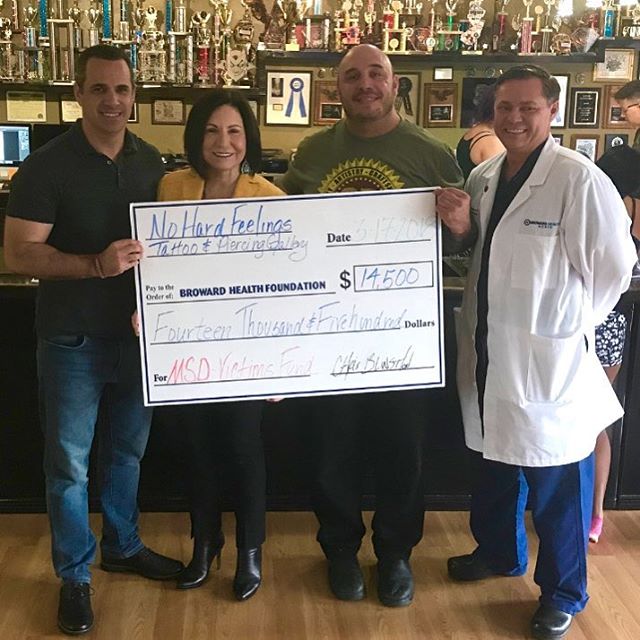 $14,500!!! We would like to thank Igor Nichiporenko M.D., Joseph Guastaferro, Michael Leopold, Alice Taylor, and Megan Massacci for being here with us to present this check to the Broward Health Foundation for the MSD Victims Fund!!! It is an honor t