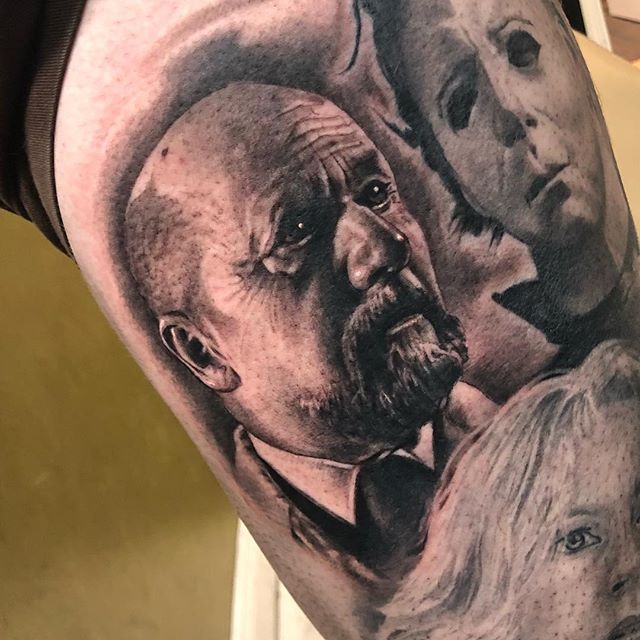 Some Dr.Loomis action today #blackandgreytattoo #halloween #mickealmyers #worldfamousink @bnginksociety #bnginksociety #nohardfeelingstattoo