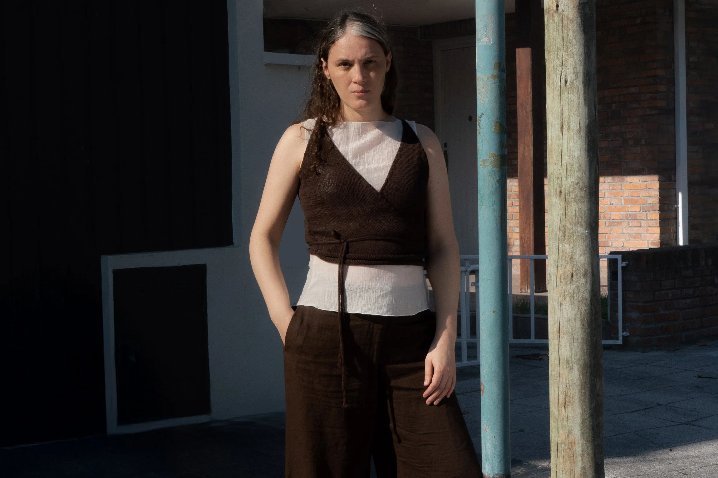 sustainable knitwear, women knit cross-top SS27, 100% cotton yarn