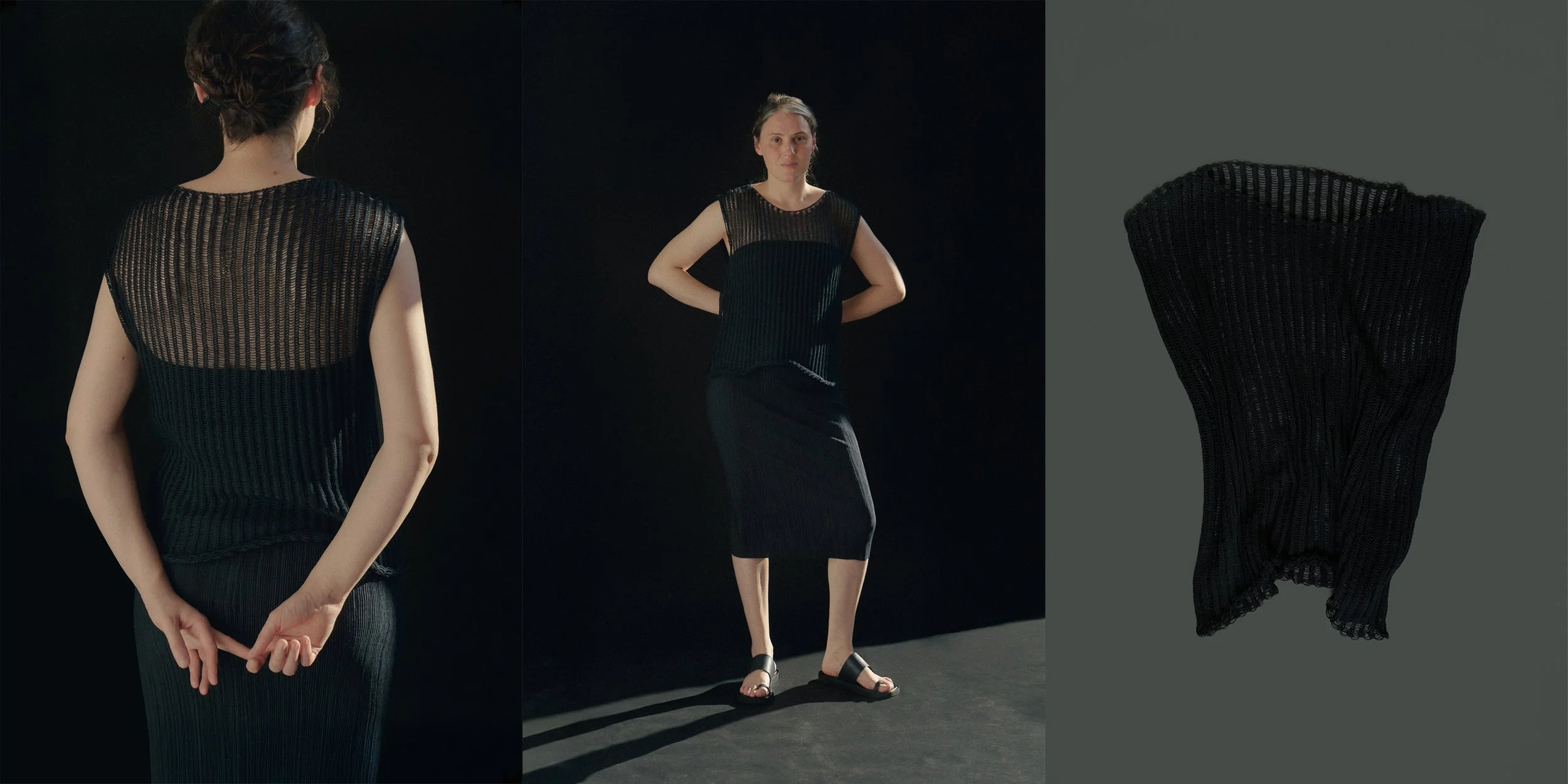 sustainable knitwear, women knit top SS27, transparencies, 100% cotton yarn