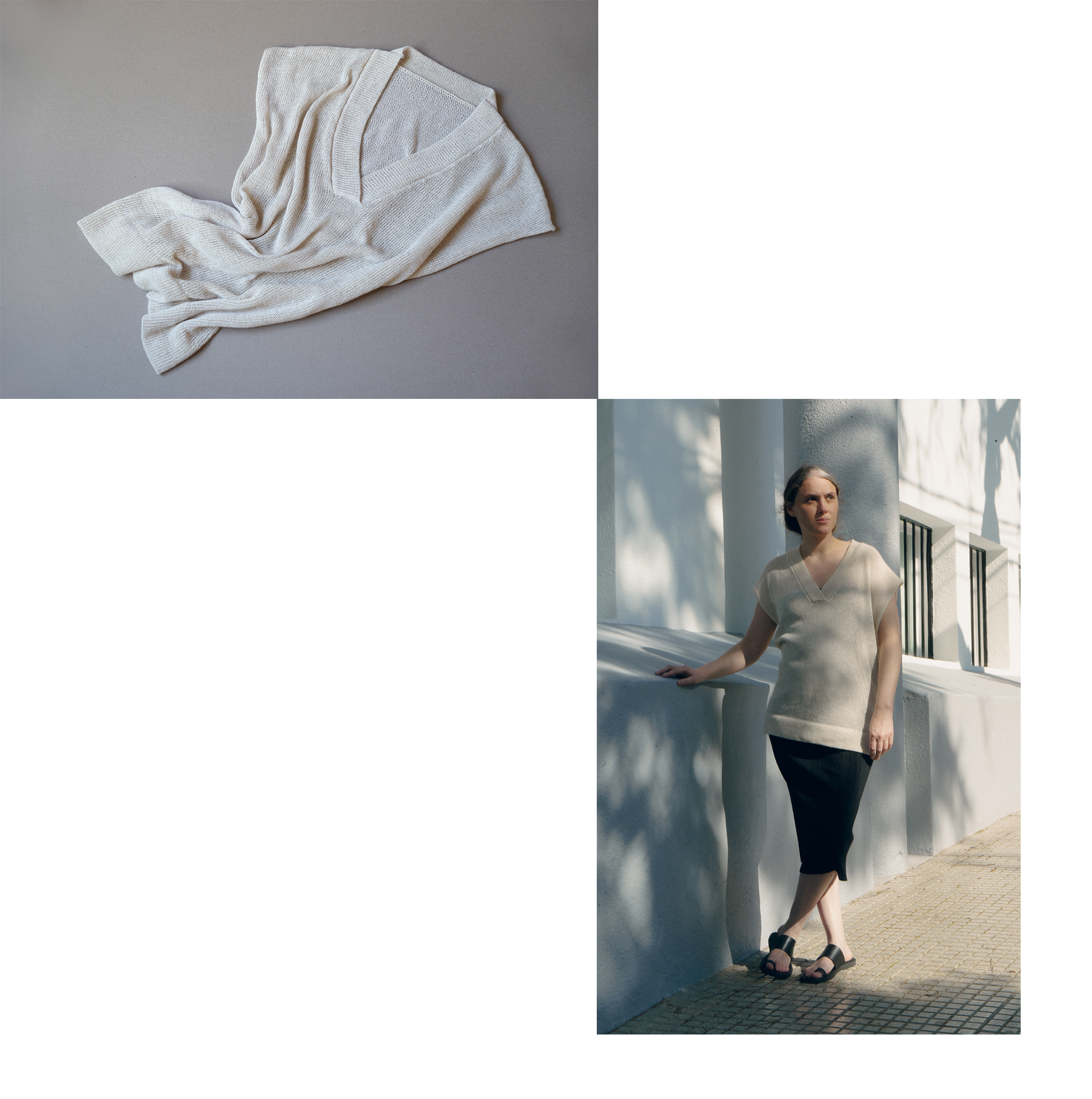 sustainable knitwear, women knit vest SS27, transparencies, linen yarn