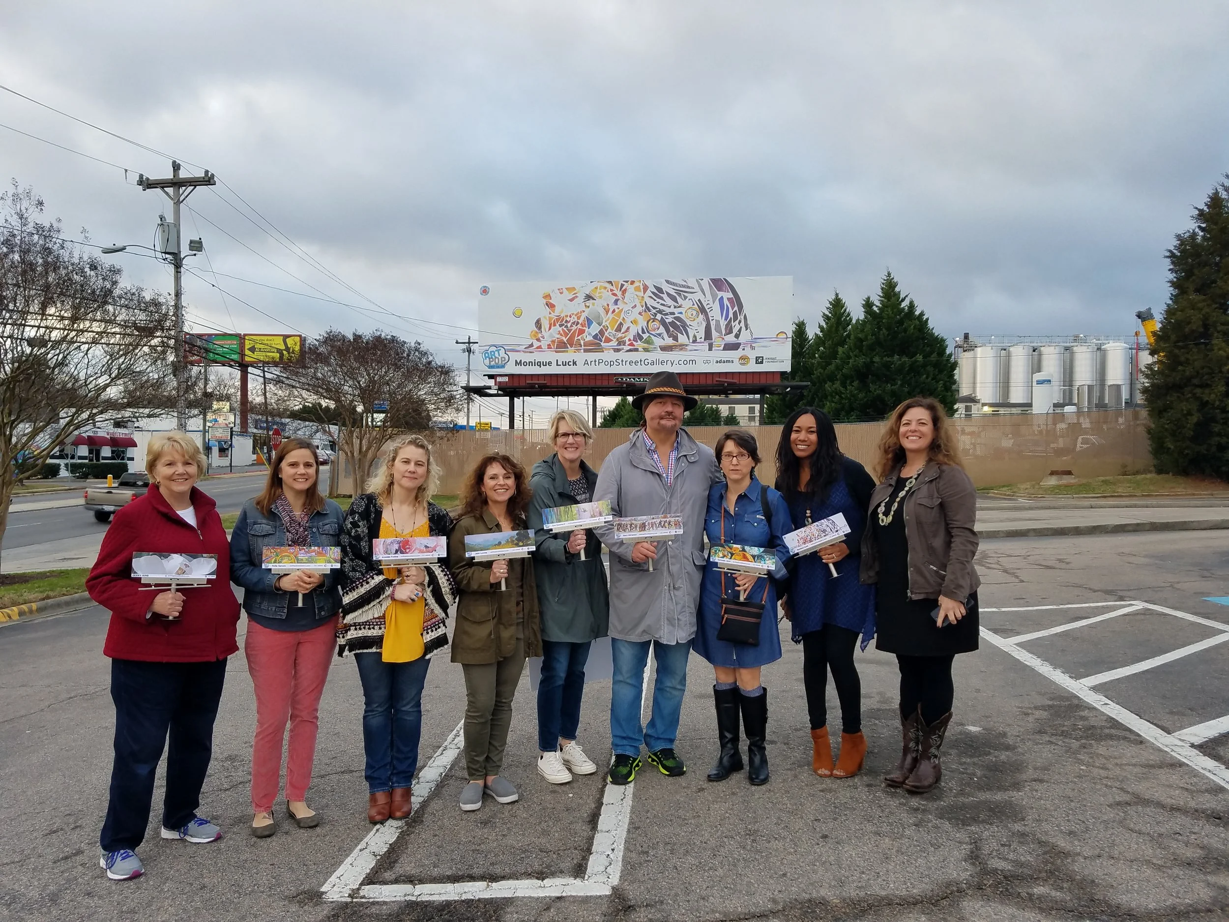 Fun photo of some of the ArtPopCLT 2018 Artists - out early for Wilson's World interviews. (ArtPop Founder &amp; Executive Director, Wendy Hickey is on right. We're in front of Monique Luck's Adams Outdoor Advertising billboard:) Pic thanks to Gary …