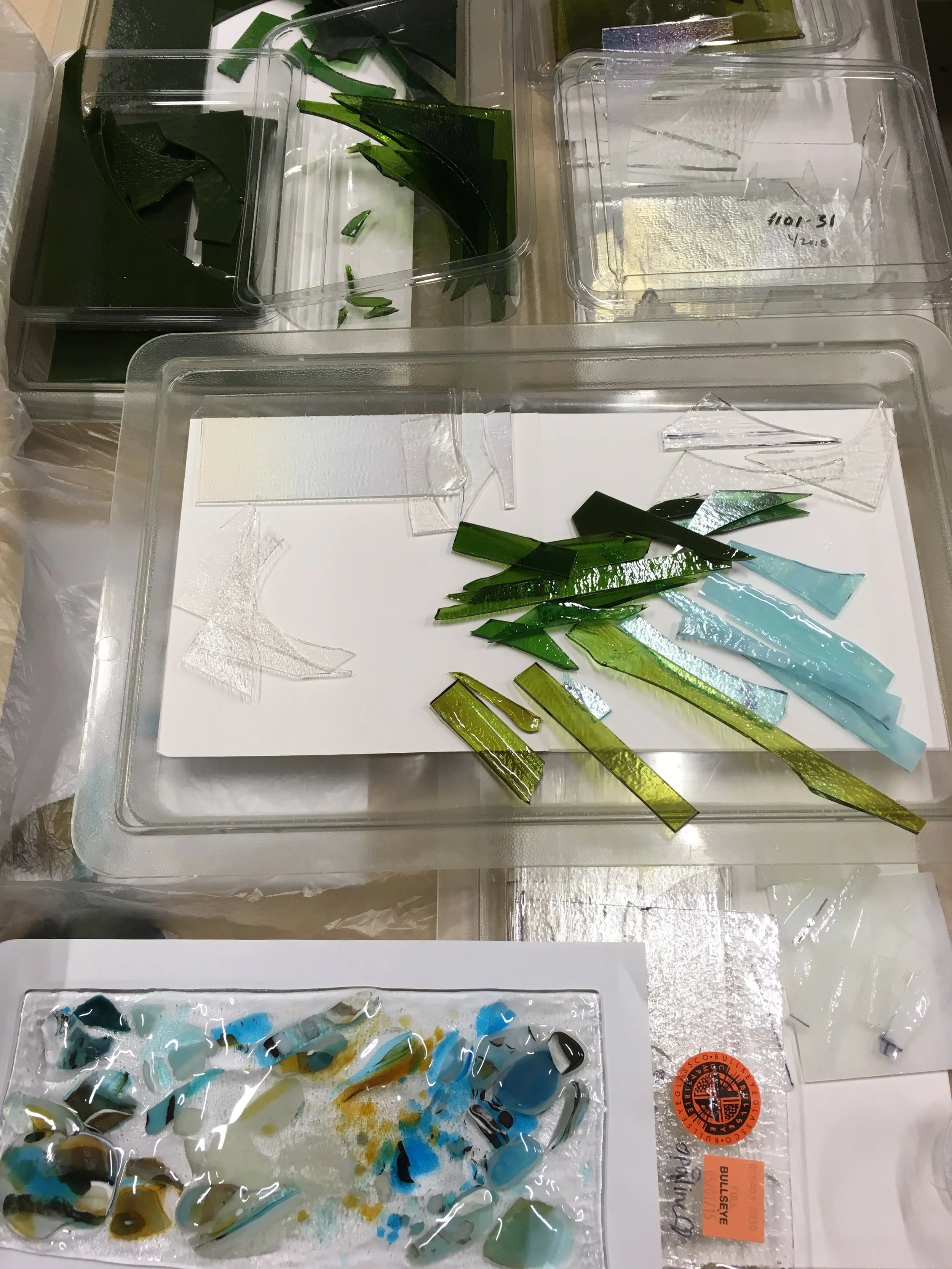 In bottom left corner, see an actual glass test color palette — so I know how different colors react to each other. (Many colors fire in kiln close to what they look like originally, but not all do.)