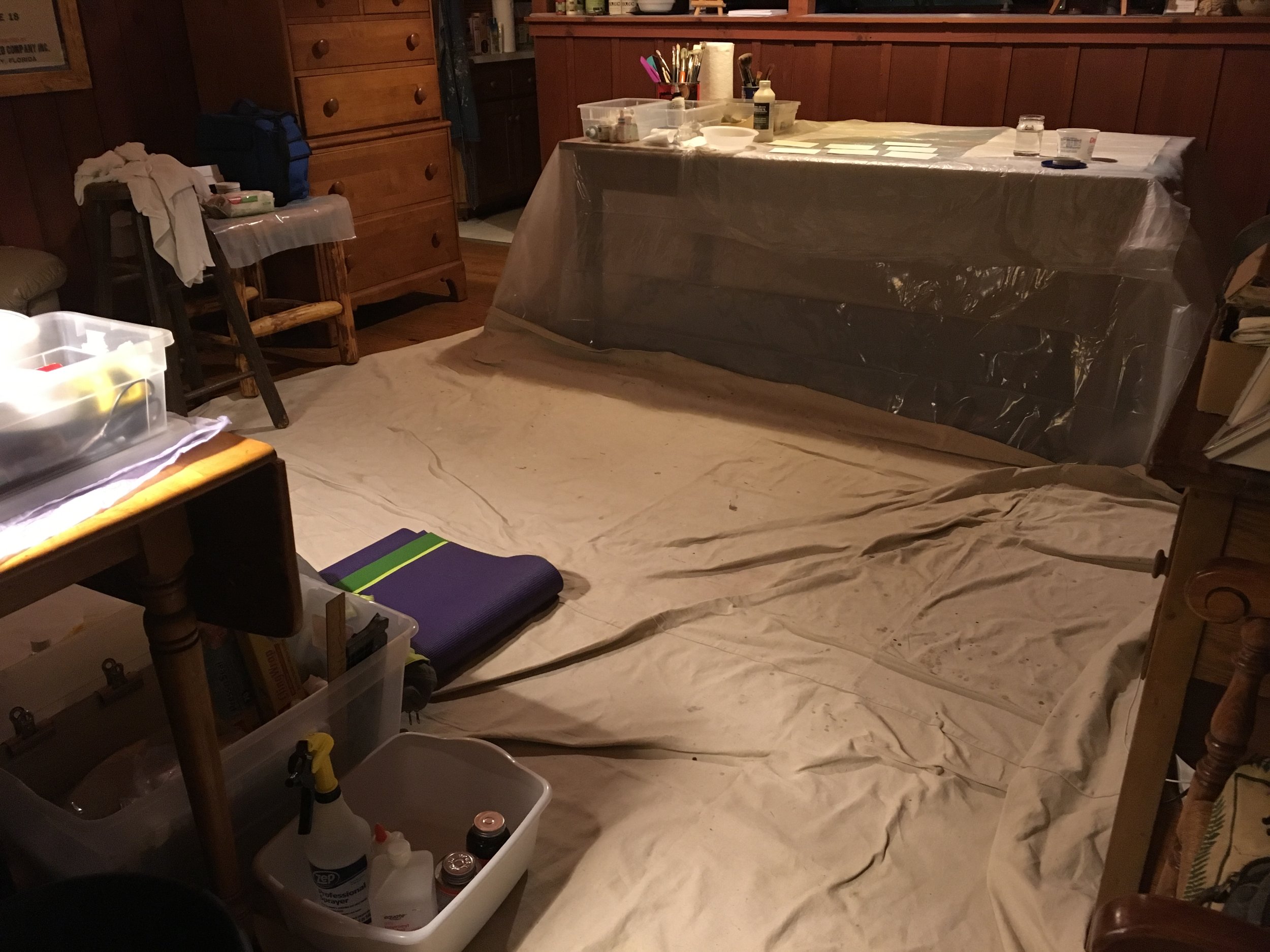 This was my indoor painting set up in the dining area. (Since this space is someone’s home with their furnishings still around, the parameters of keeping it clean were a little different.)