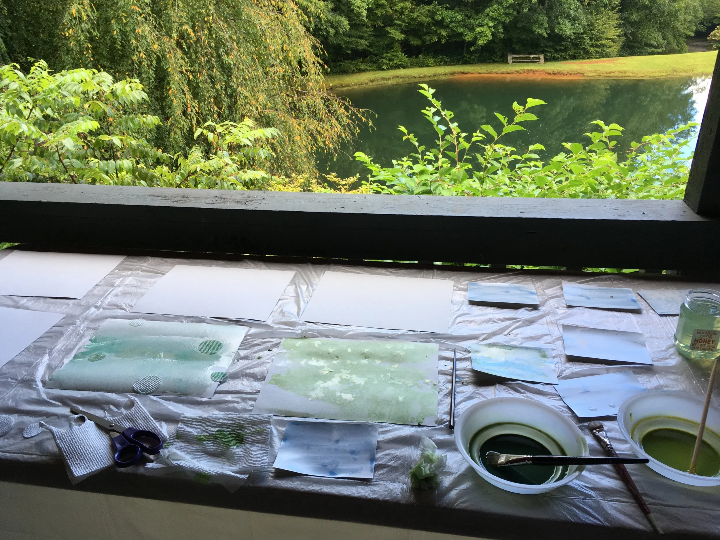 My other painting place was the wrap around porch. Yes, that was my very own private pond… just one of MANY perks. (Seriously, an amazing residency!!) You can also see why green now is infiltrating all my water work:)