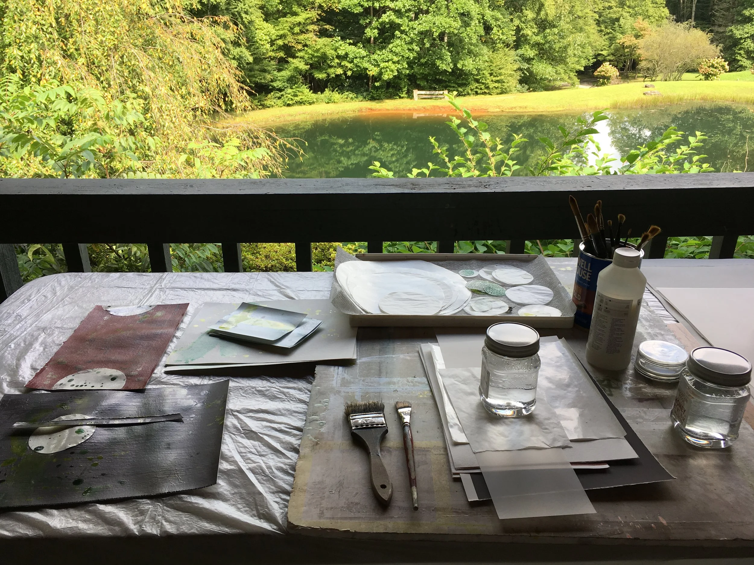 Another view of my glorious painting porch at The Hambidge Center — experimenting with some darker color palettes.