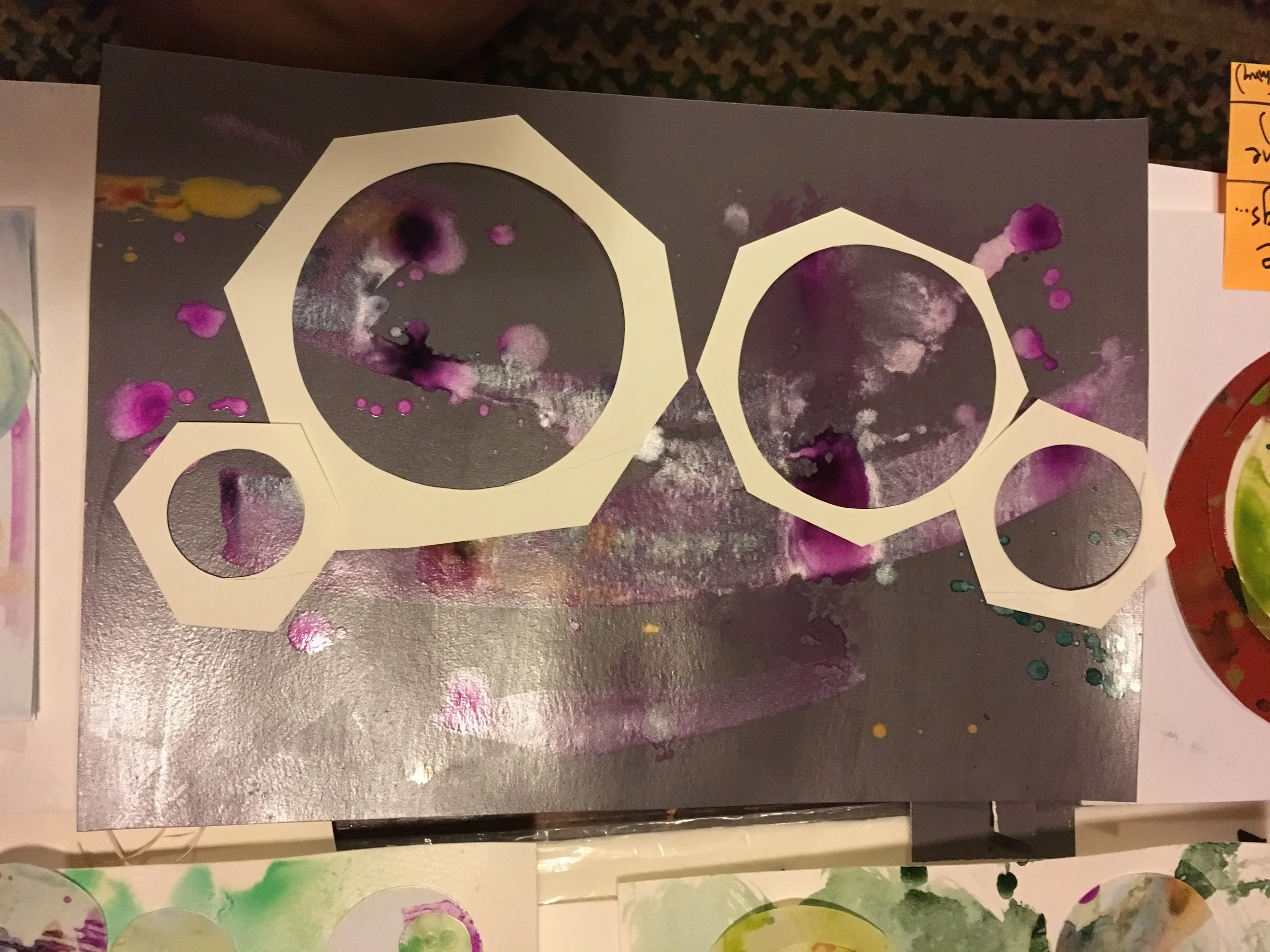 Here you can see how I cut paper circle templates to find “circles” in the painted parts.