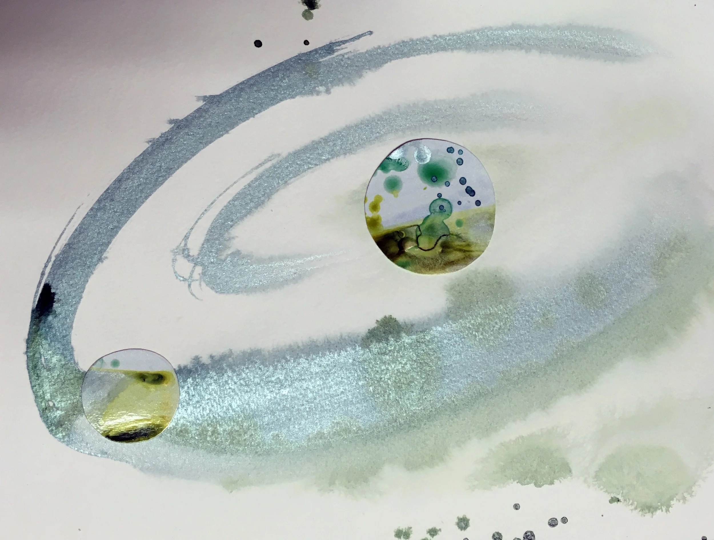 One of finished paintings/collages with acrylic & paper. (Like my glass rounds, everything is hand made/cut & is therefore imperfect. (Photo skews the collaged circles more than in real life:)