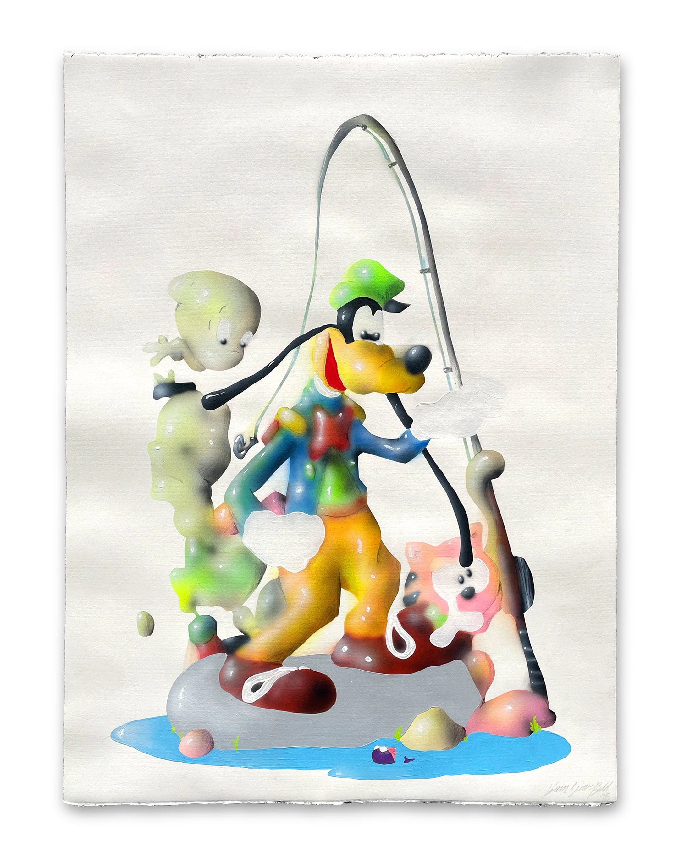 Colorful illustration of Mickey Mouse and friends in a carnival scene, with water and small green plants at the bottom.