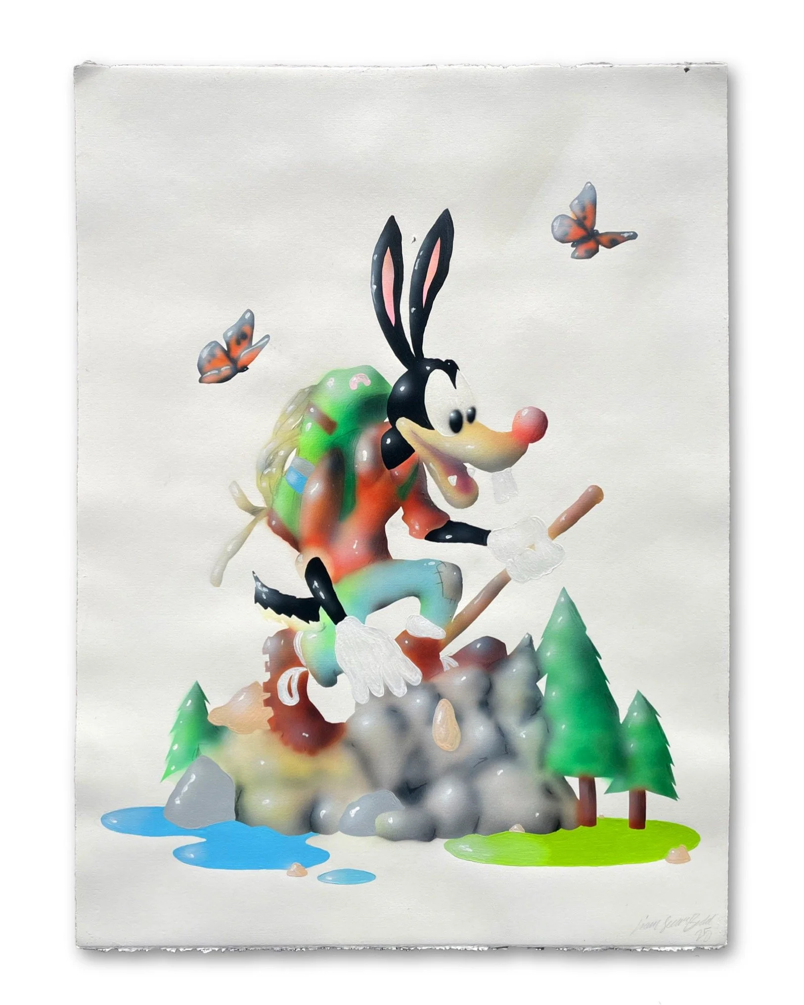 Colorful illustration of a whimsical scene with a bunny, butterflies, trees, rocks, water, and clouds.