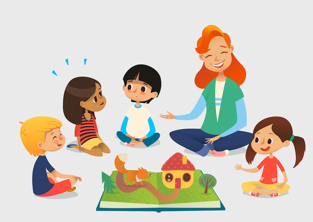 children teacher happy talking