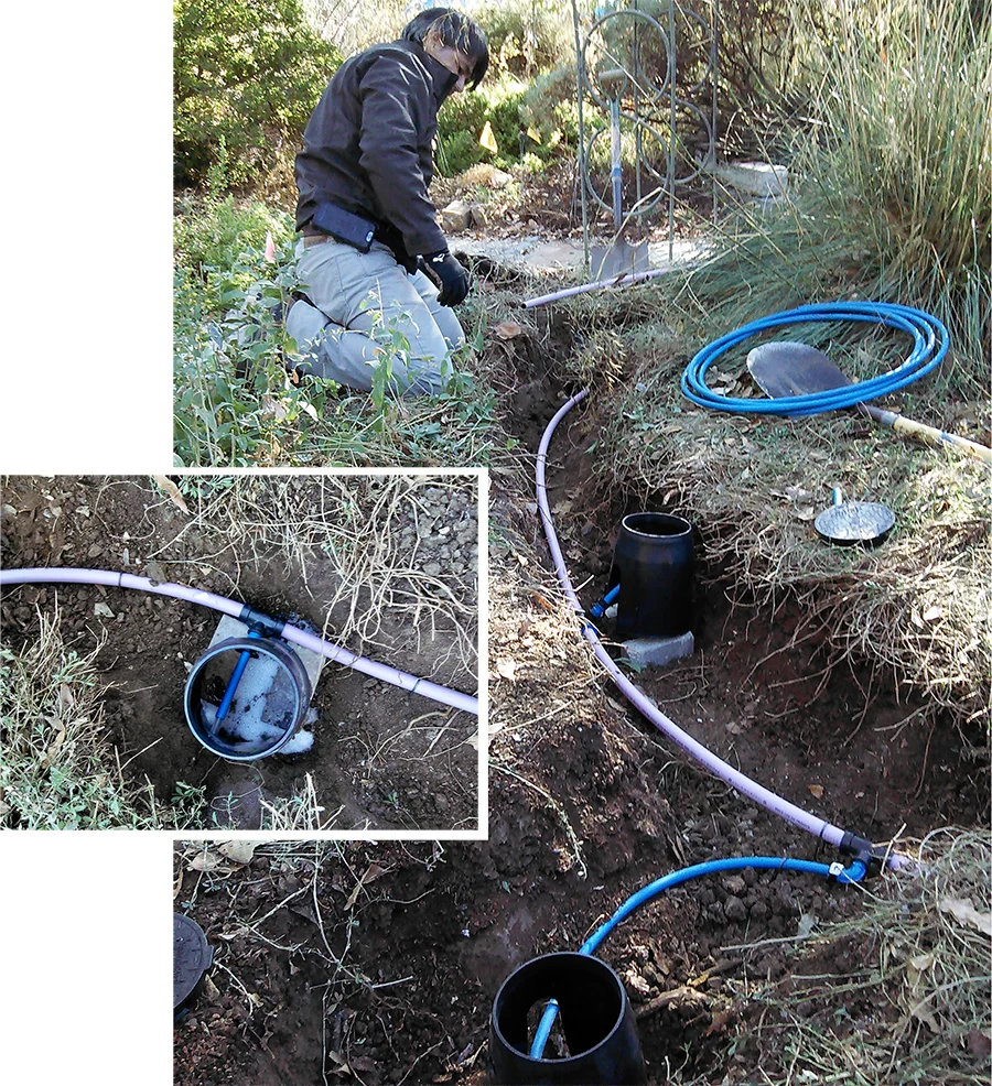 Left: An outlet in the landscape with the first laundry rinse water exiting the newly installed system. Right: APLD Sacramento District President Martin Carrion van Rijn in the trenches with greywater distribution pipes. Photos: Leslie Crenna