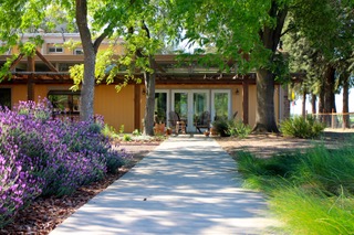 The boardwalk, made with durable fiberglass reinforced recycled plastic supports, leads visitors away from the shady patio refuge out into the expansive rear garden. Photo courtesy of Bernadette Balics.