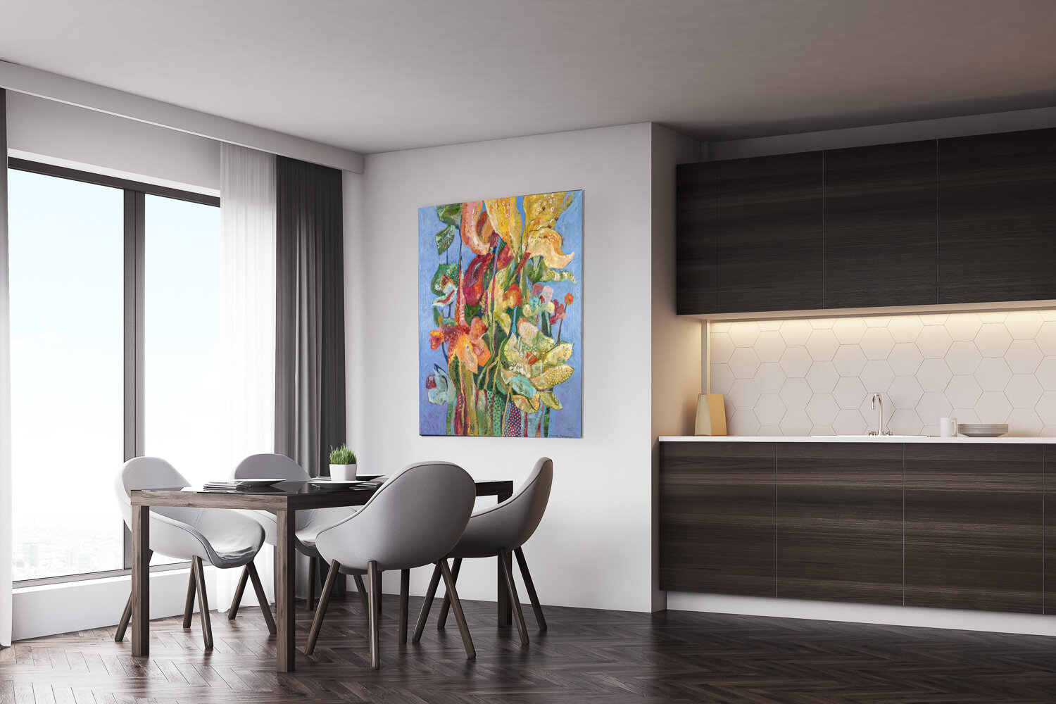 Dark wood kitchen with table and poster, side