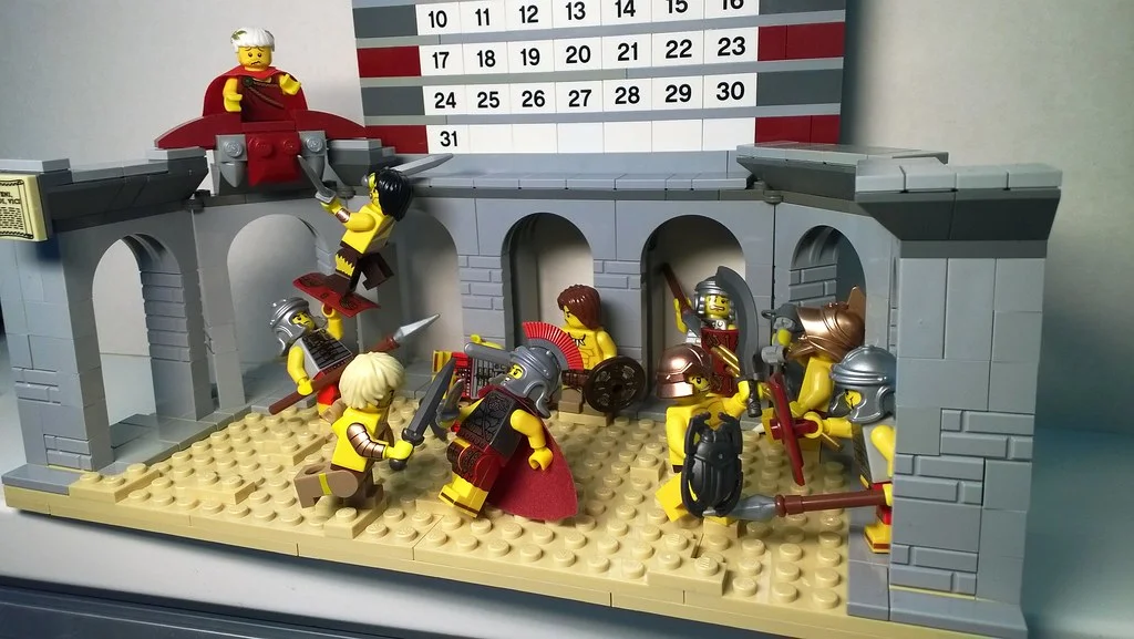 A dramatic reenactment of Spartacus fighting Romans.