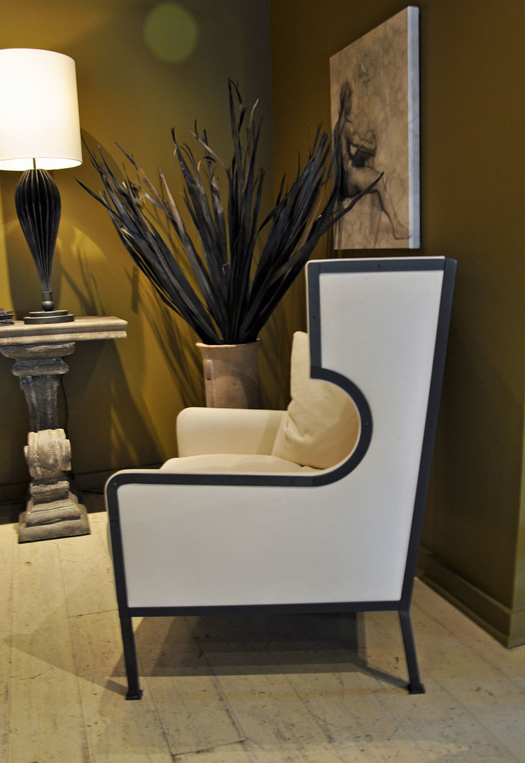   Medio Wing Chair  $2,100/Pair $4000 Steel Frame with Down Filled Cushions and Pillow  Custom Ordered - 6 Weeks   Agora Console  $985 Fiberglass &amp; Faux Concrete Finish   The Villa Collection Vase  $195 Concrete Composite   Long Palms  20pcs $20 