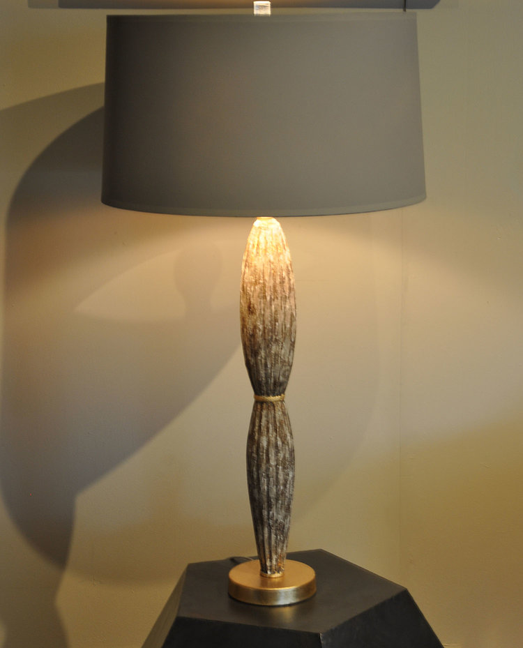   Brasov Flutted Lamp  $415 Hand Carved Wood with Gold Leaf Finish. 3 Way switch 33”H x 17”Dia     