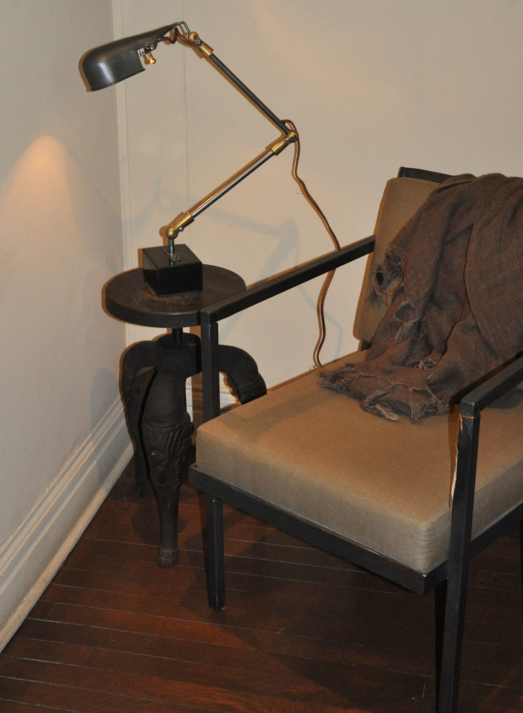   Louis Tole Collection Studio Lamp  $395 Raw Metal with Granite Base - Articulated Arm   Chopin Piano Stool  $295 Cast Iron/Seat Adjusts Made in India   Healy Chair  $1,475 Linen and Steel, Made in Maine 